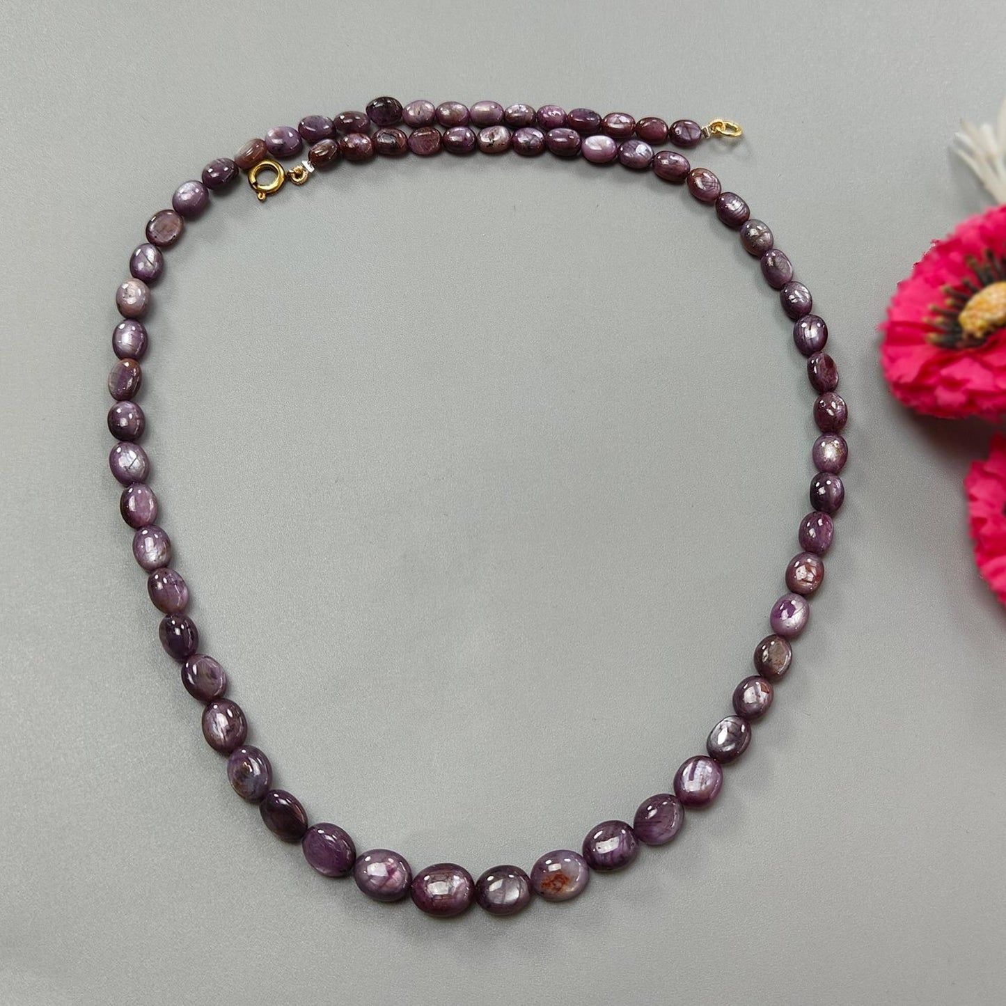 Pink Sapphire Gemstone Beads Necklace: 167.70cts Natural Untreated Raspberry Sheen Sapphire Plain Oval Brass Necklace 7*5mm - 10*8mm 20"