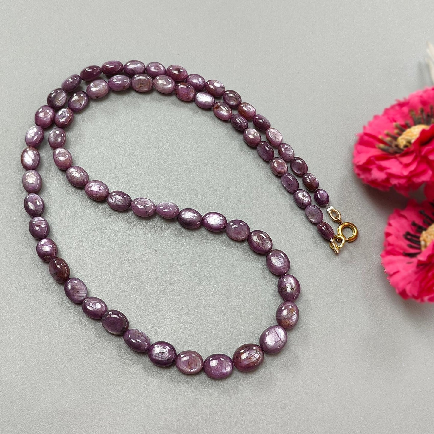 Pink Sapphire Gemstone Beads Necklace: 172.00cts Natural Untreated Raspberry Sheen Sapphire Plain Oval Brass Necklace 7*5mm - 10*8mm 21"