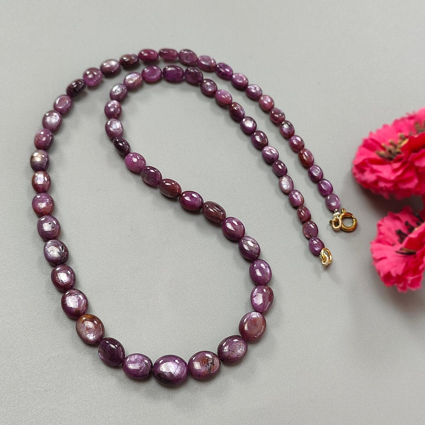 Pink Sapphire Gemstone Beads Necklace: 179.40cts Natural Untreated Raspberry Sheen Sapphire Plain Oval Brass Necklace 7*5mm - 11*9mm 20"