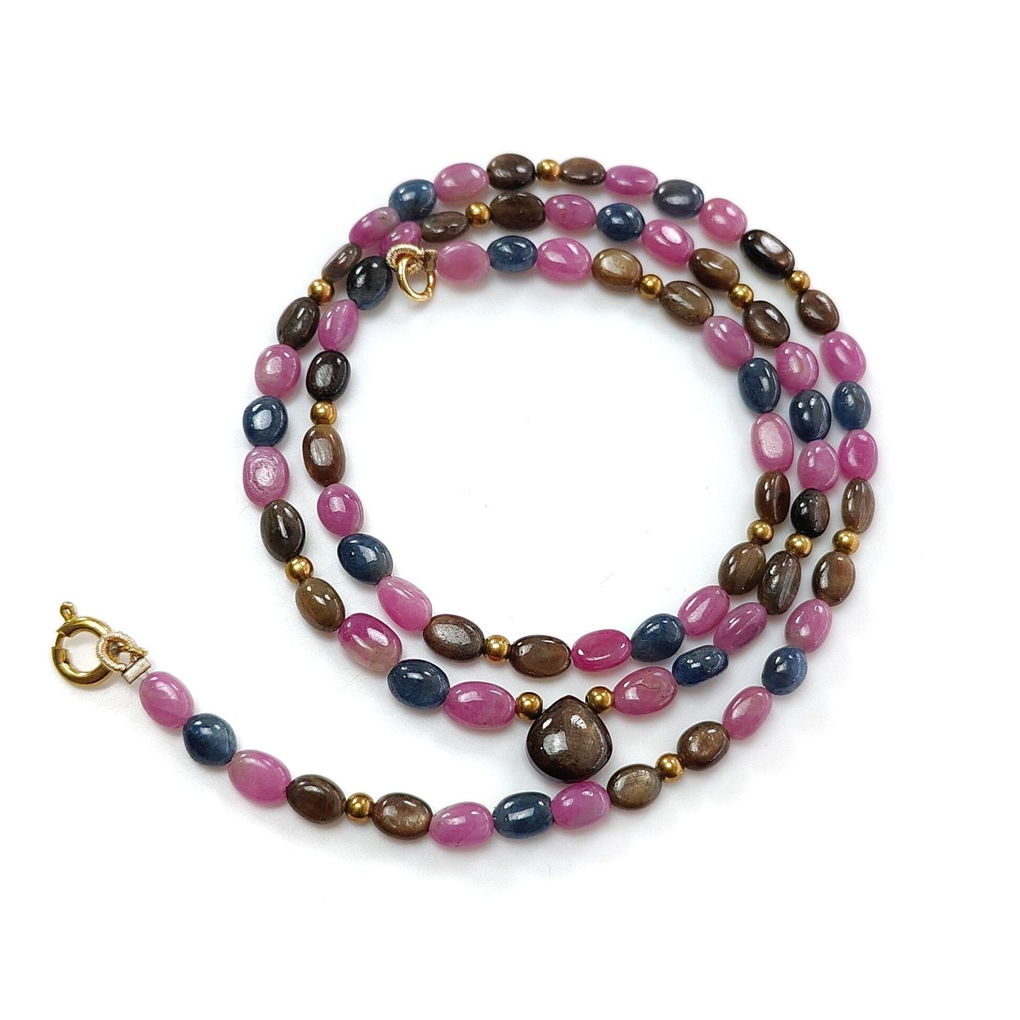 Multi Sapphire Gemstone Beads Necklace: 92.00cts Natural Untreated Unheated Sapphire Plain Oval Brass Necklace 6*4mm - 7*5mm 21"