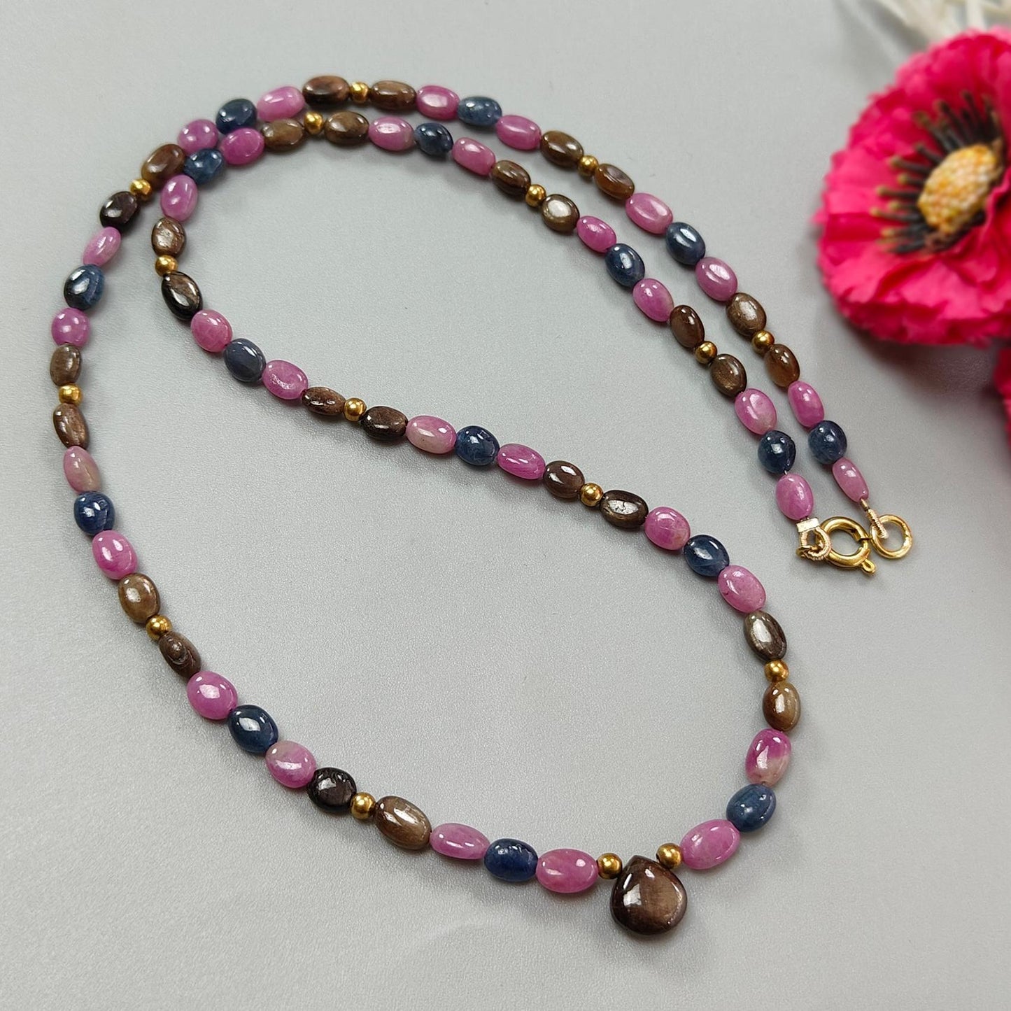 Multi Sapphire Gemstone Beads Necklace: 92.00cts Natural Untreated Unheated Sapphire Plain Oval Brass Necklace 6*4mm - 7*5mm 21"