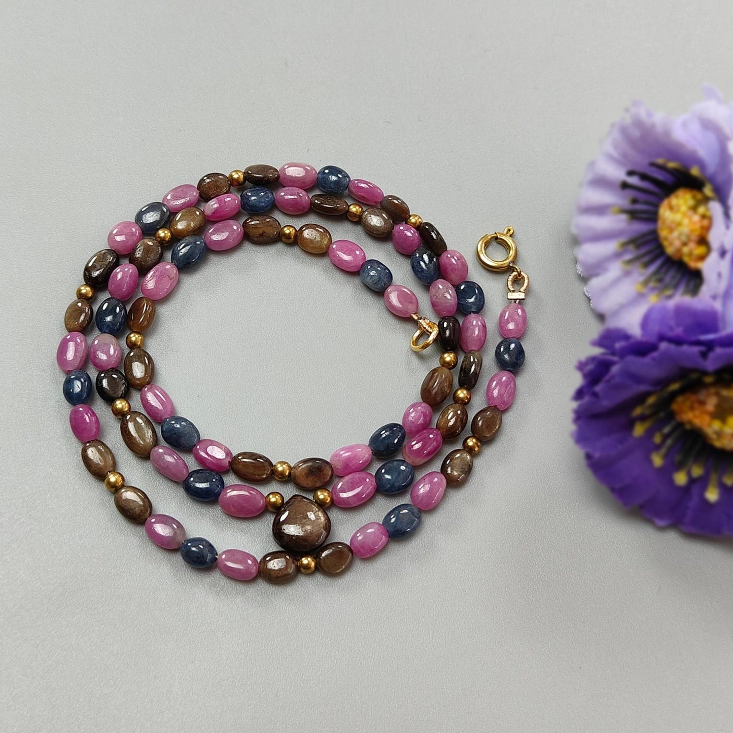 Multi Sapphire Gemstone Beads Necklace: 92.00cts Natural Untreated Unheated Sapphire Plain Oval Brass Necklace 6*4mm - 7*5mm 21"