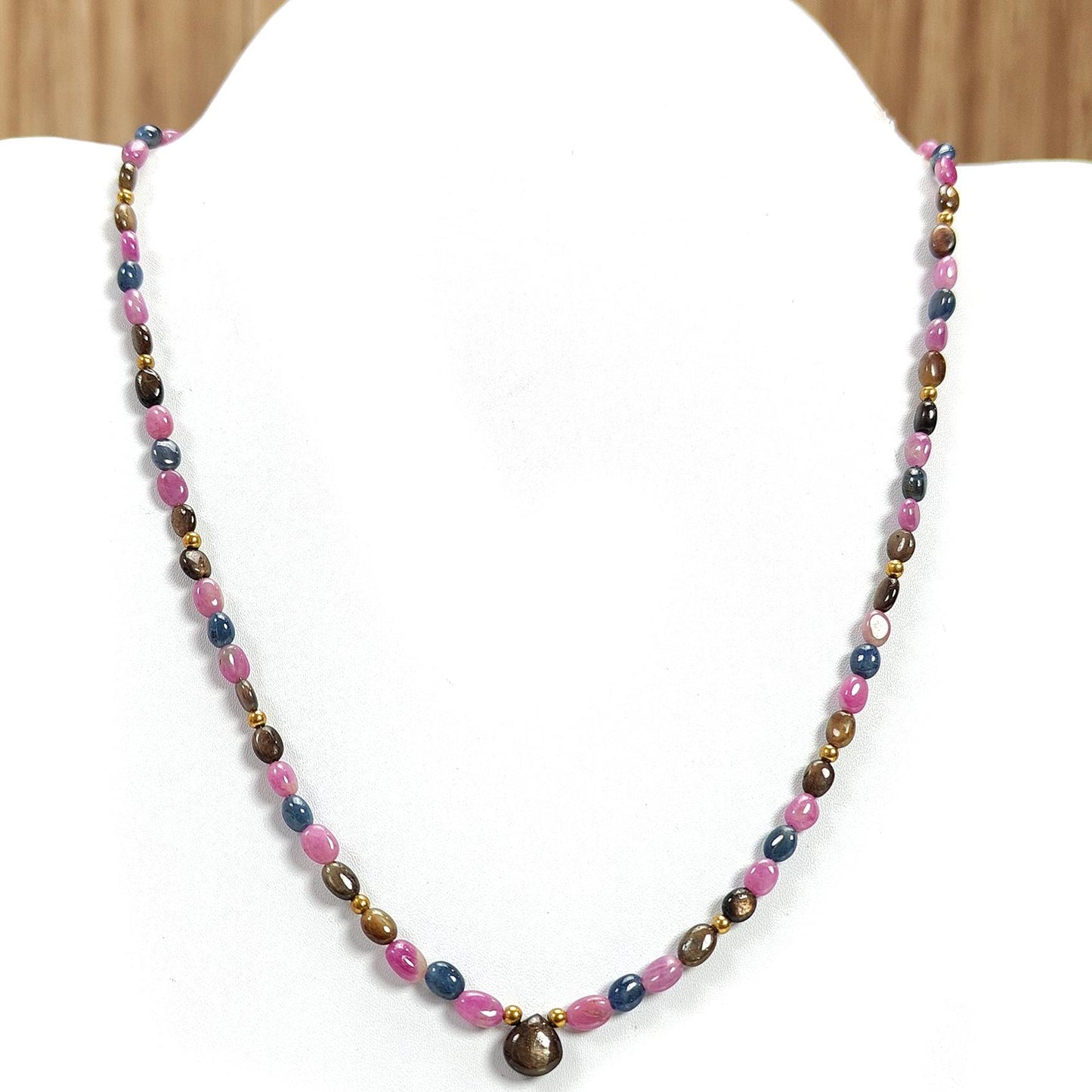 Multi Sapphire Gemstone Beads Necklace: 92.00cts Natural Untreated Unheated Sapphire Plain Oval Brass Necklace 6*4mm - 7*5mm 21"