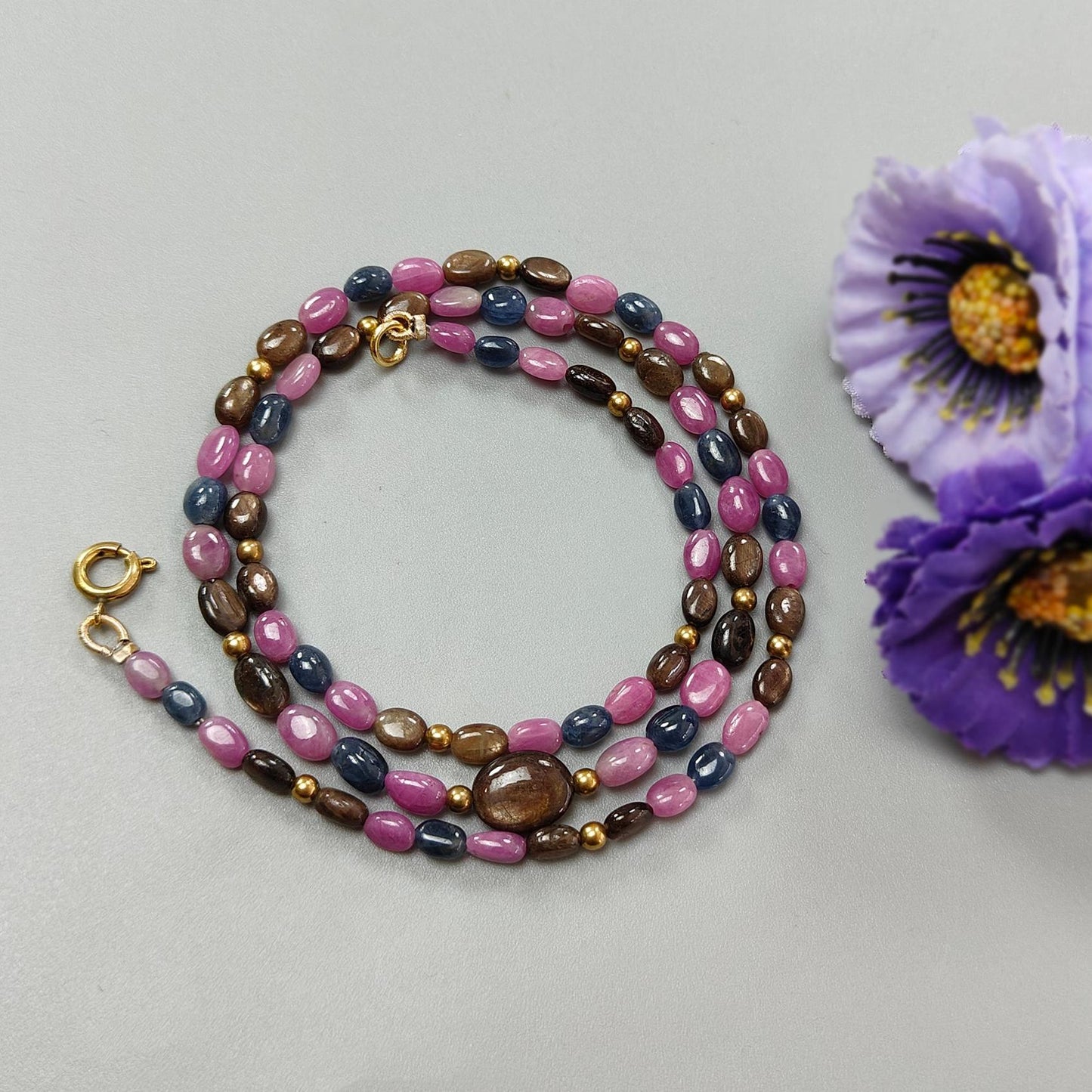 Multi Sapphire Gemstone Beads Necklace: 84.00cts (Approx) Natural Untreated Unheated Sapphire Plain Oval Brass Necklace 6*4mm - 7*5mm 20"