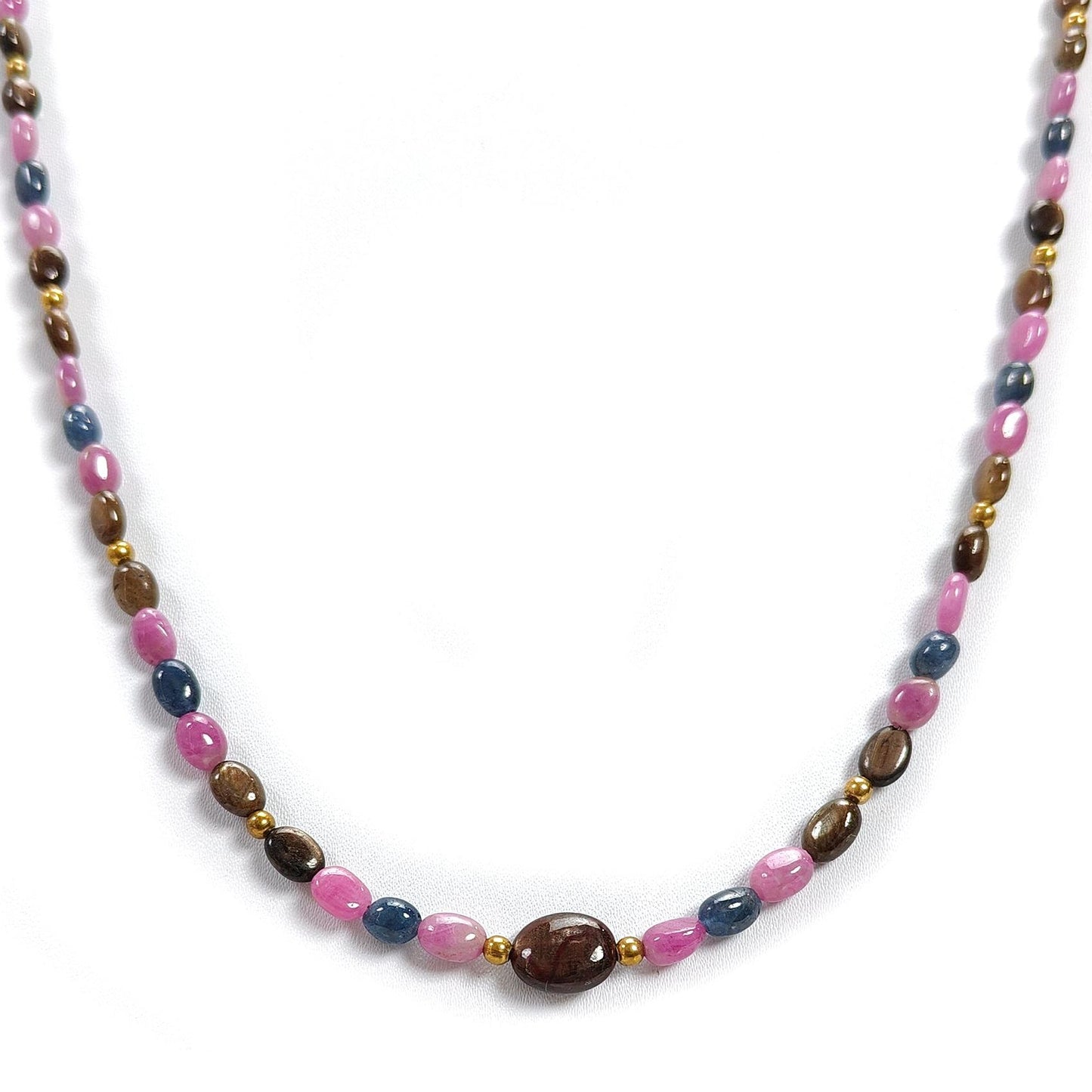 Multi Sapphire Gemstone Beads Necklace: 84.00cts (Approx) Natural Untreated Unheated Sapphire Plain Oval Brass Necklace 6*4mm - 7*5mm 20"