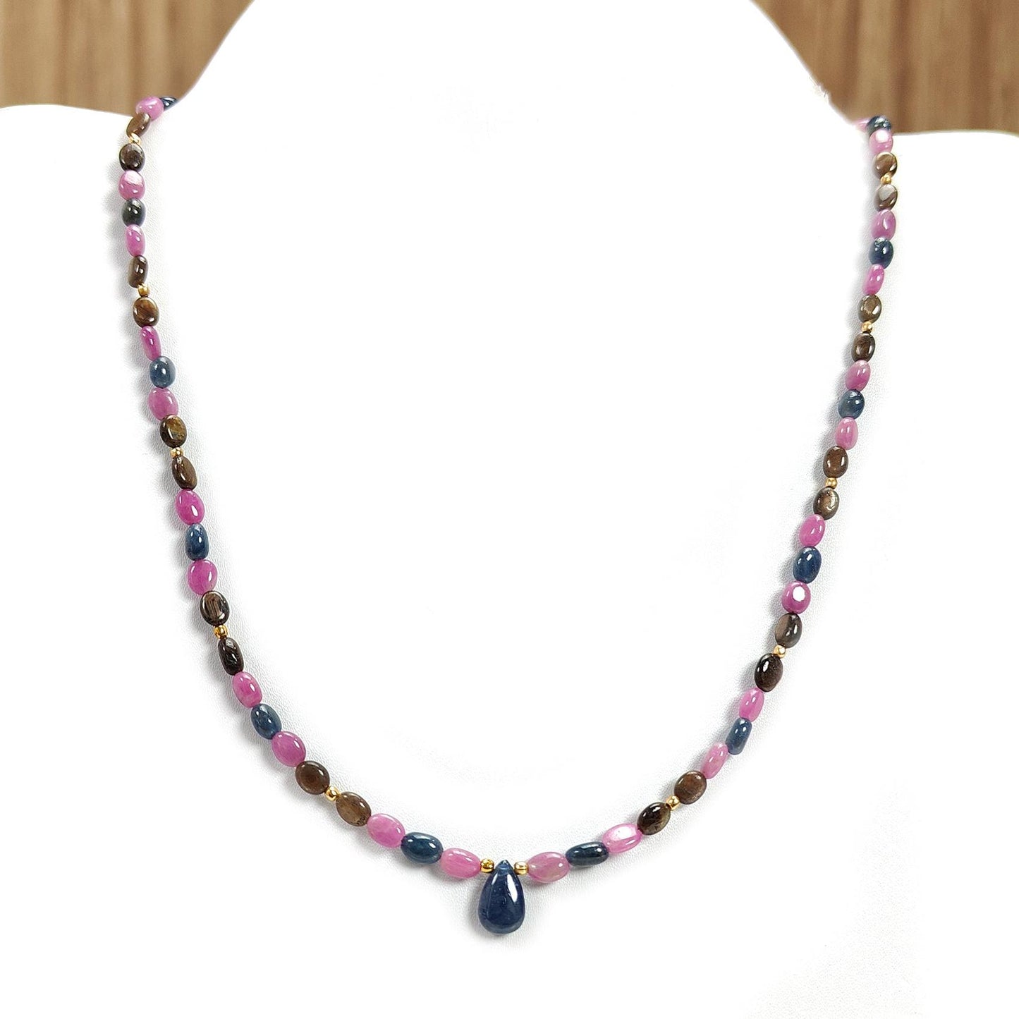 Multi Sapphire Gemstone Beads Necklace: 85.00cts (Approx) Natural Untreated Unheated Sapphire Plain Oval Brass Necklace 6*4mm - 7*5mm 21"