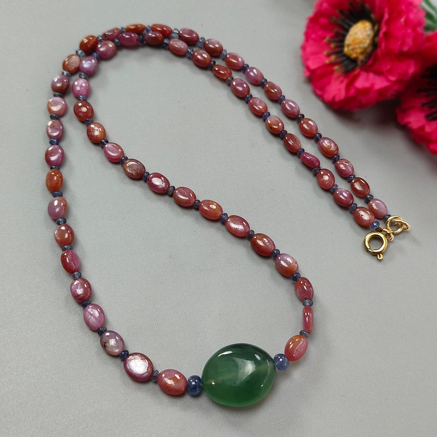 Pink Sapphire Beads Necklace: 126.60cts Natural Untreated Pink, Blue Sapphire & Green Quartz Gemstone Plain Oval Necklace 7*5mm - 8*6mm, 21"