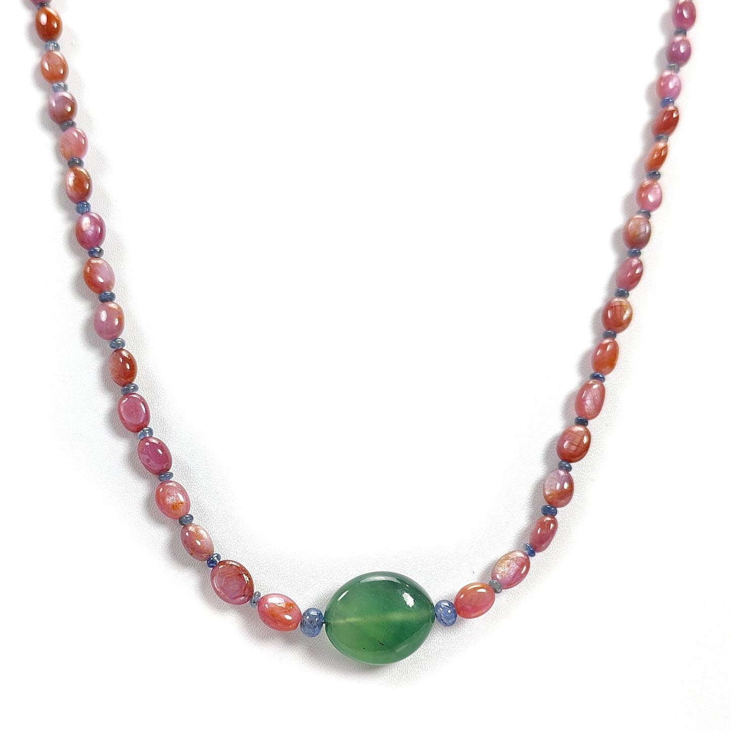 Pink Sapphire Beads Necklace: 126.60cts Natural Untreated Pink, Blue Sapphire & Green Quartz Gemstone Plain Oval Necklace 7*5mm - 8*6mm, 21"