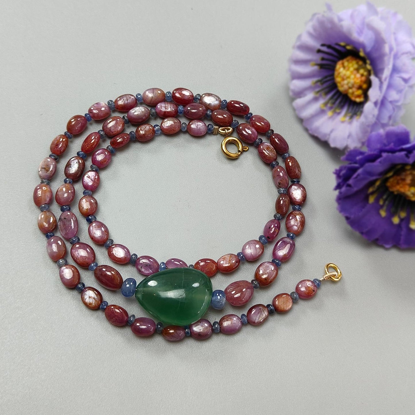 Pink Sapphire Beads Necklace: 134.00cts Natural Untreated Pink, Blue Sapphire & Green Quartz Gemstone Plain Oval Necklace 6*4mm - 9*7mm, 22"