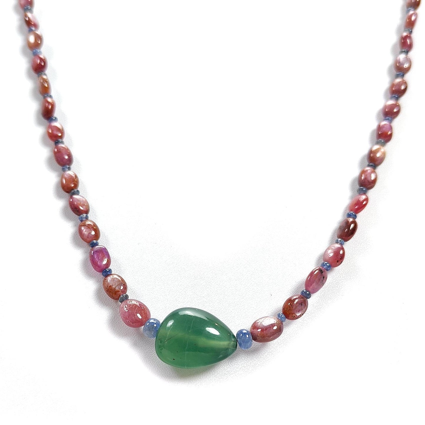 Pink Sapphire Beads Necklace: 134.00cts Natural Untreated Pink, Blue Sapphire & Green Quartz Gemstone Plain Oval Necklace 6*4mm - 9*7mm, 22"