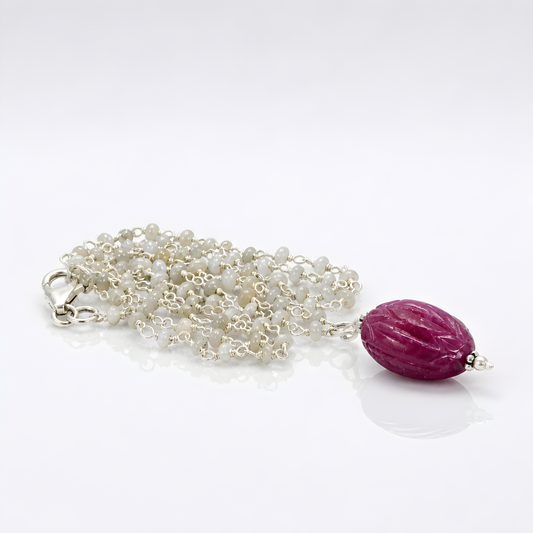 8.60gms Ntaural Untreated Ruby, Cat's EyeBeads 925 Sterling Silver Chain Necklace 19"