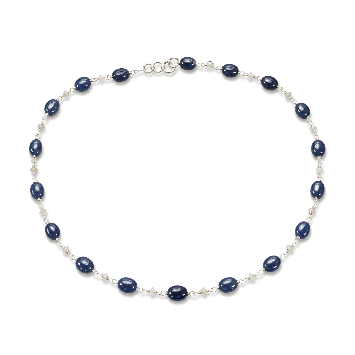 blue sapphire, cat's eye beads silver necklace