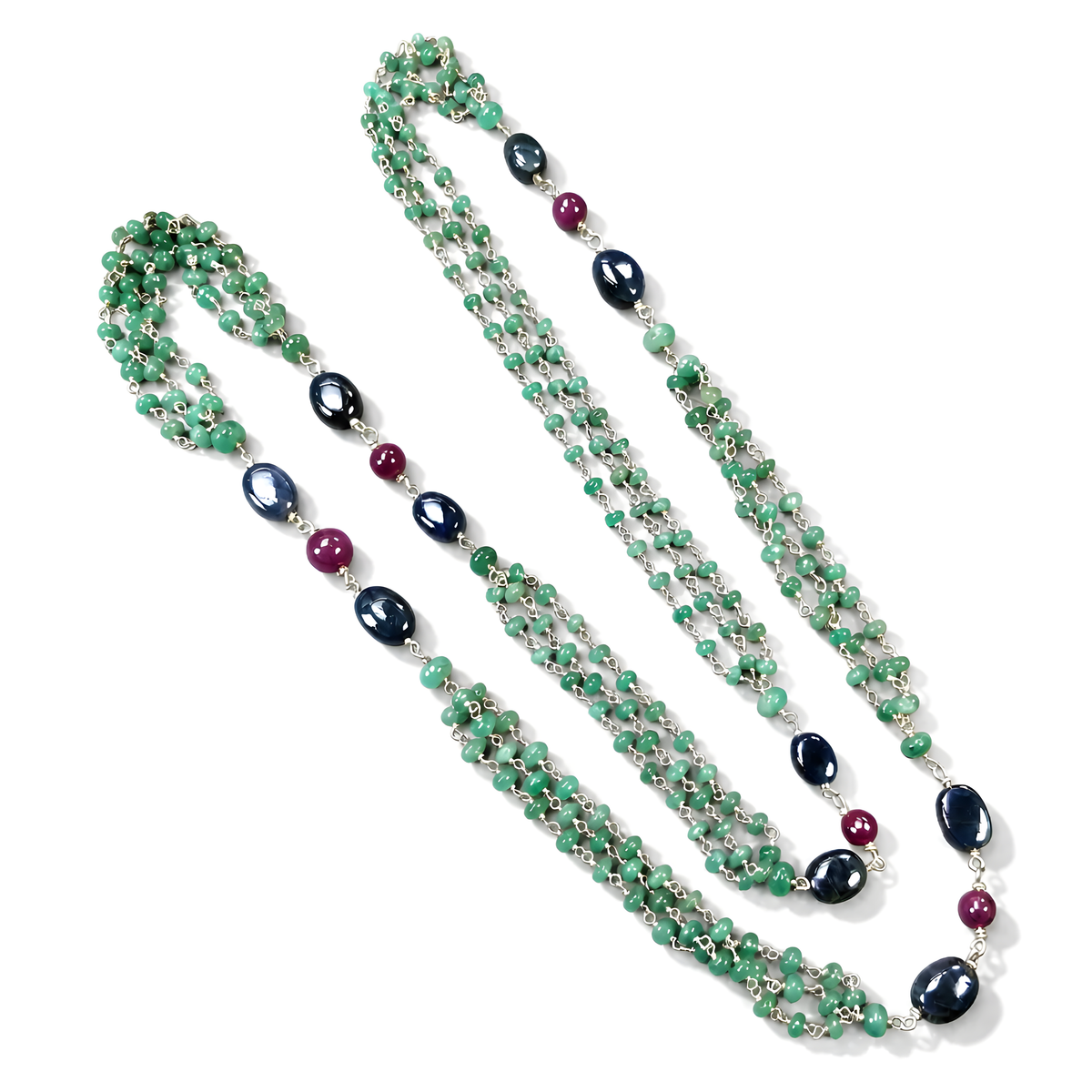 29.93gms Natural Emerald, Ruby Sapphire Plain Beads 925 Sterling Silver Necklace 31"