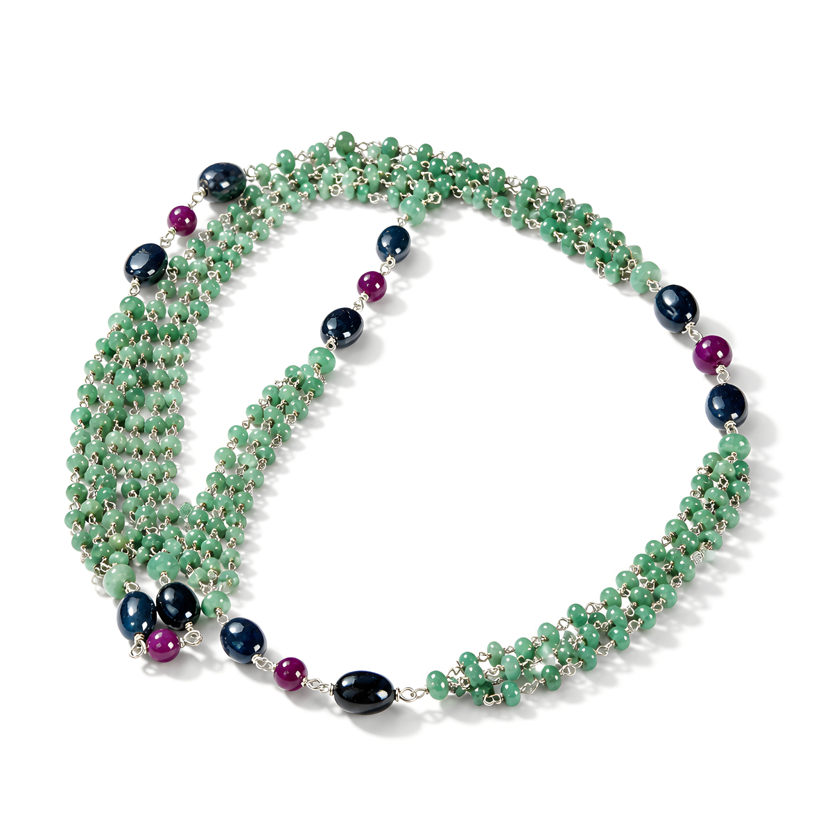 Emerald, Ruby Sapphire Beads Silver Necklace