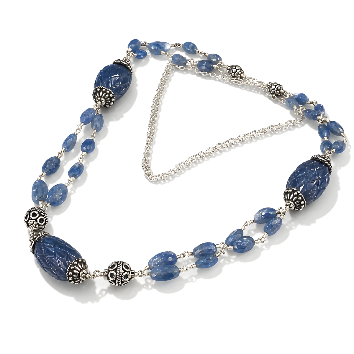 48.98gms Natural Blue Sapphire Faceted Beads Carving 925 Sterling Silver Necklace 22.5"