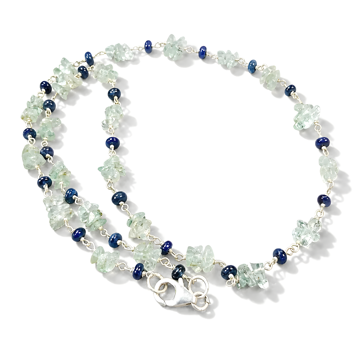 blue sapphire, emerald beads silver necklace