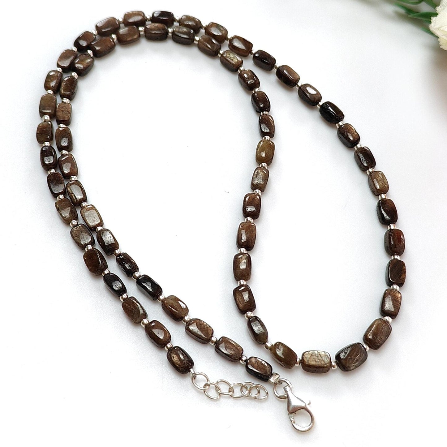 Golden Brown Chocolate Sapphire Gemstone Beads Necklace : 14.26gms 925 Sterling Silver Natural Plain Cushion Sapphire 5*3mm - 6*4mm 19"