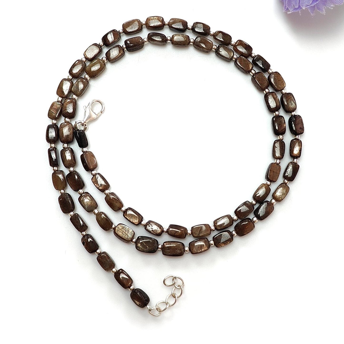 Golden Brown Chocolate Sapphire Gemstone Beads Necklace : 14.26gms 925 Sterling Silver Natural Plain Cushion Sapphire 5*3mm - 6*4mm 19"