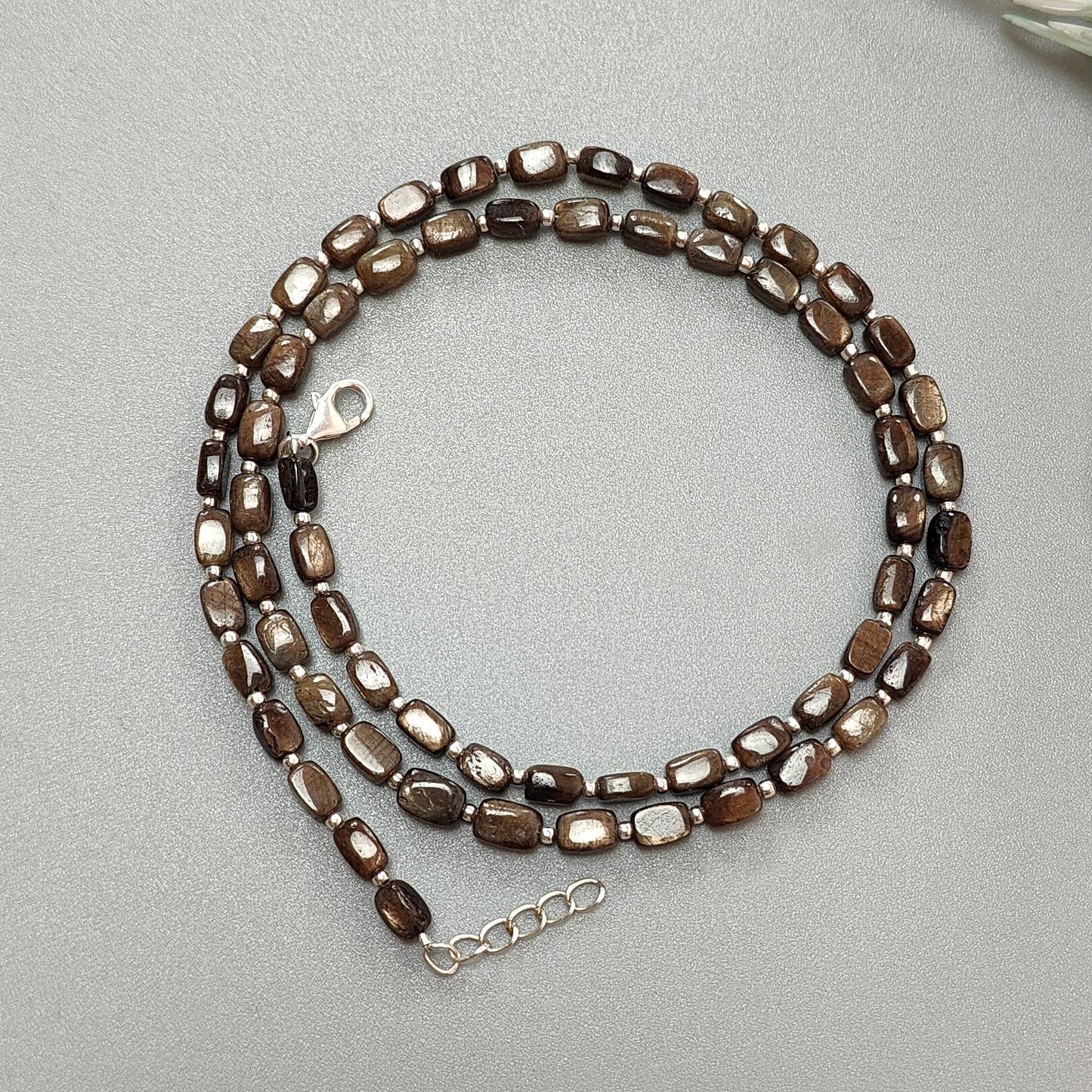 Golden Brown Chocolate Sapphire Gemstone Beads Necklace : 14.26gms 925 Sterling Silver Natural Plain Cushion Sapphire 5*3mm - 6*4mm 19"