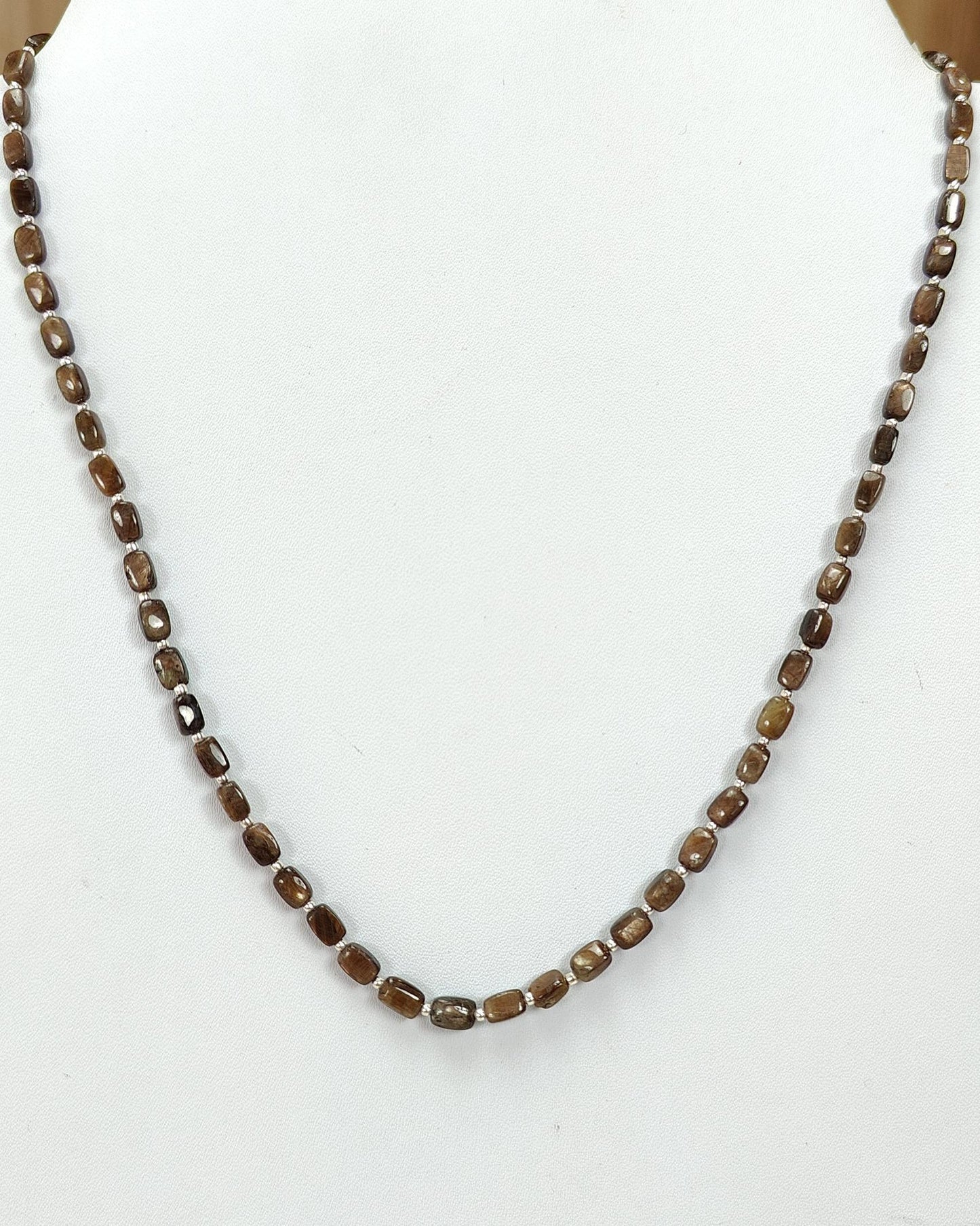 Golden Brown Chocolate Sapphire Gemstone Beads Necklace : 14.26gms 925 Sterling Silver Natural Plain Cushion Sapphire 5*3mm - 6*4mm 19"