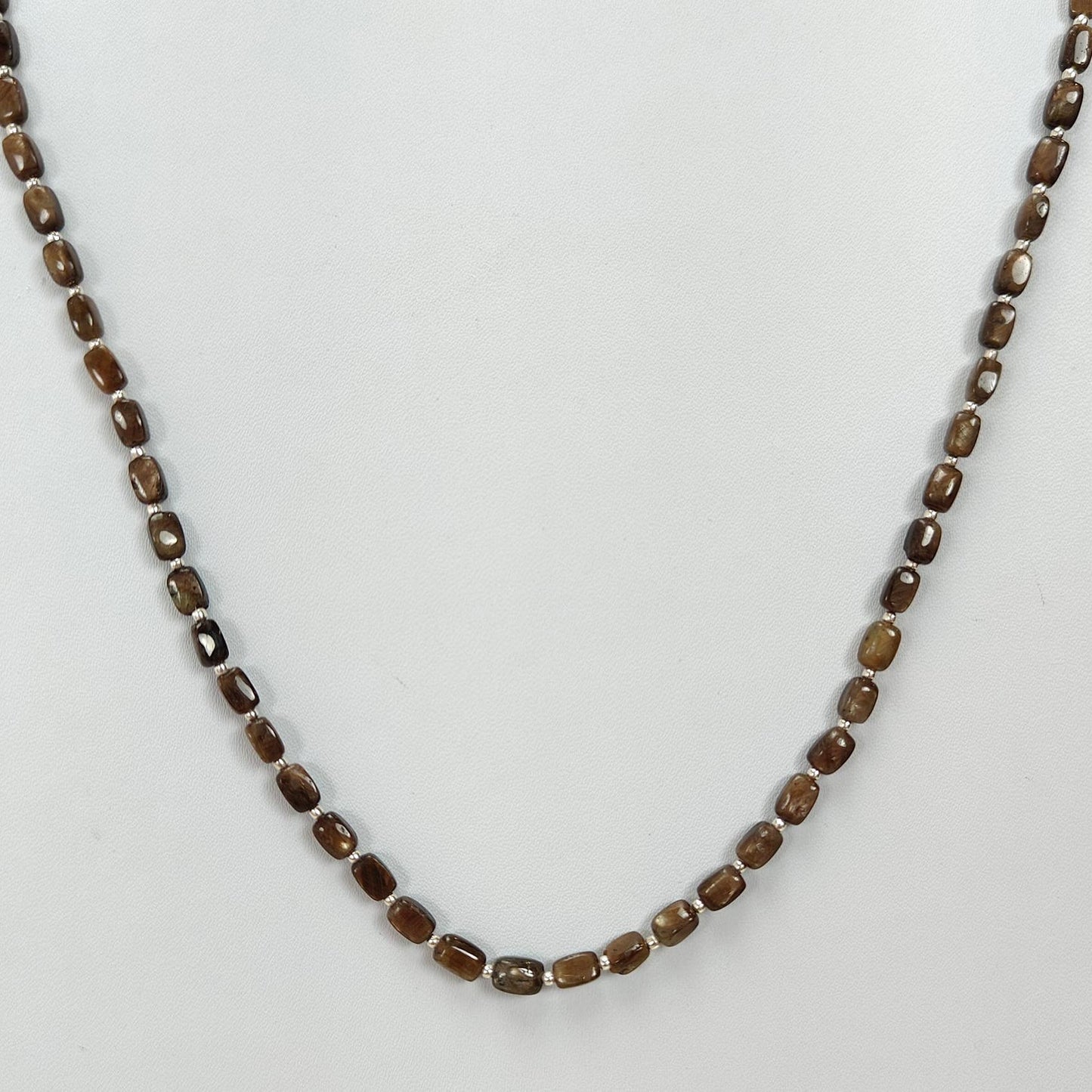 Golden Brown Chocolate Sapphire Gemstone Beads Necklace : 14.26gms 925 Sterling Silver Natural Plain Cushion Sapphire 5*3mm - 6*4mm 19"