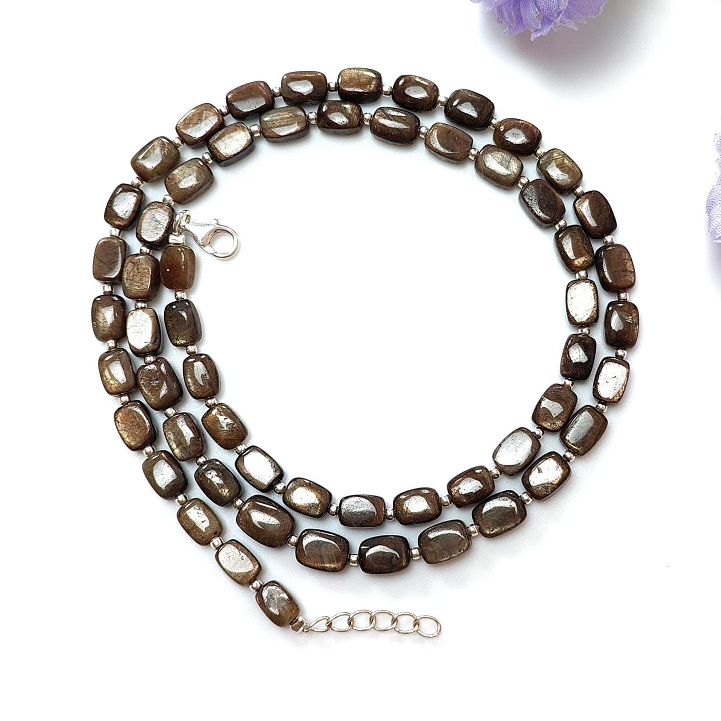 Golden Brown Sapphire Gemstone Beads Necklace : 21.71gms 925 Sterling Silver Natural Plain Cushion Sapphire 5.5*4mm - 7*6mm 19"