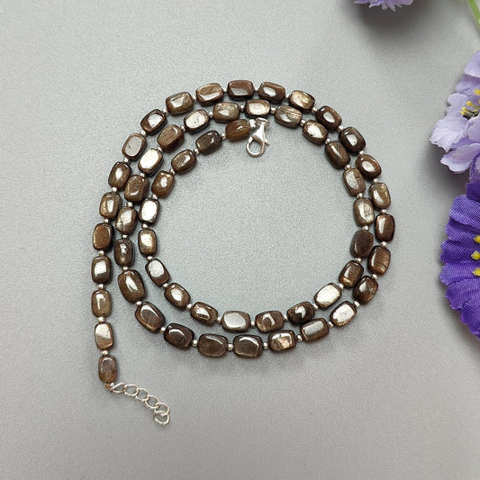 Golden Brown Sapphire Gemstone Beads Necklace : 21.71gms 925 Sterling Silver Natural Plain Cushion Sapphire 5.5*4mm - 7*6mm 19"
