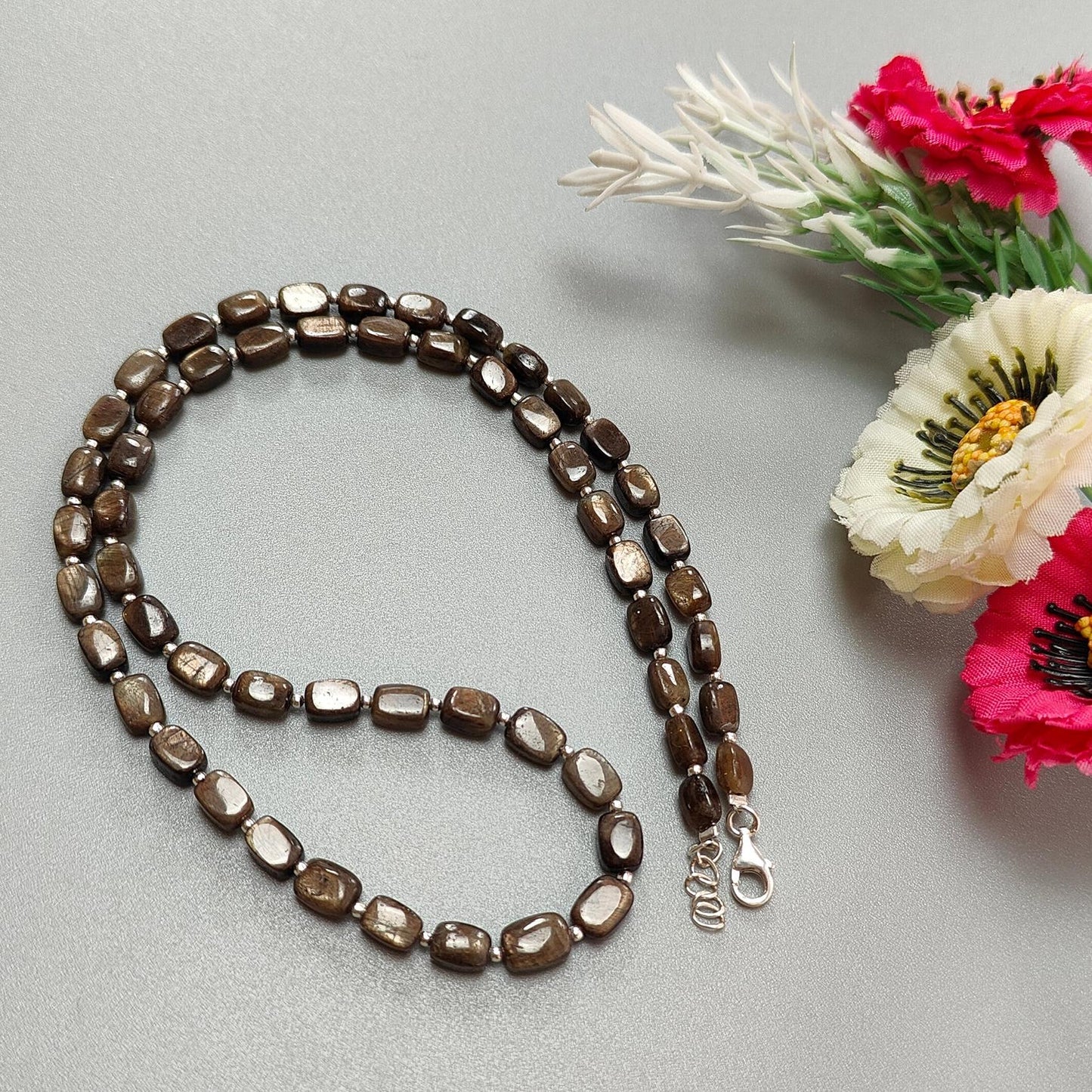 Golden Brown Sapphire Gemstone Beads Necklace : 21.71gms 925 Sterling Silver Natural Plain Cushion Sapphire 5.5*4mm - 7*6mm 19"