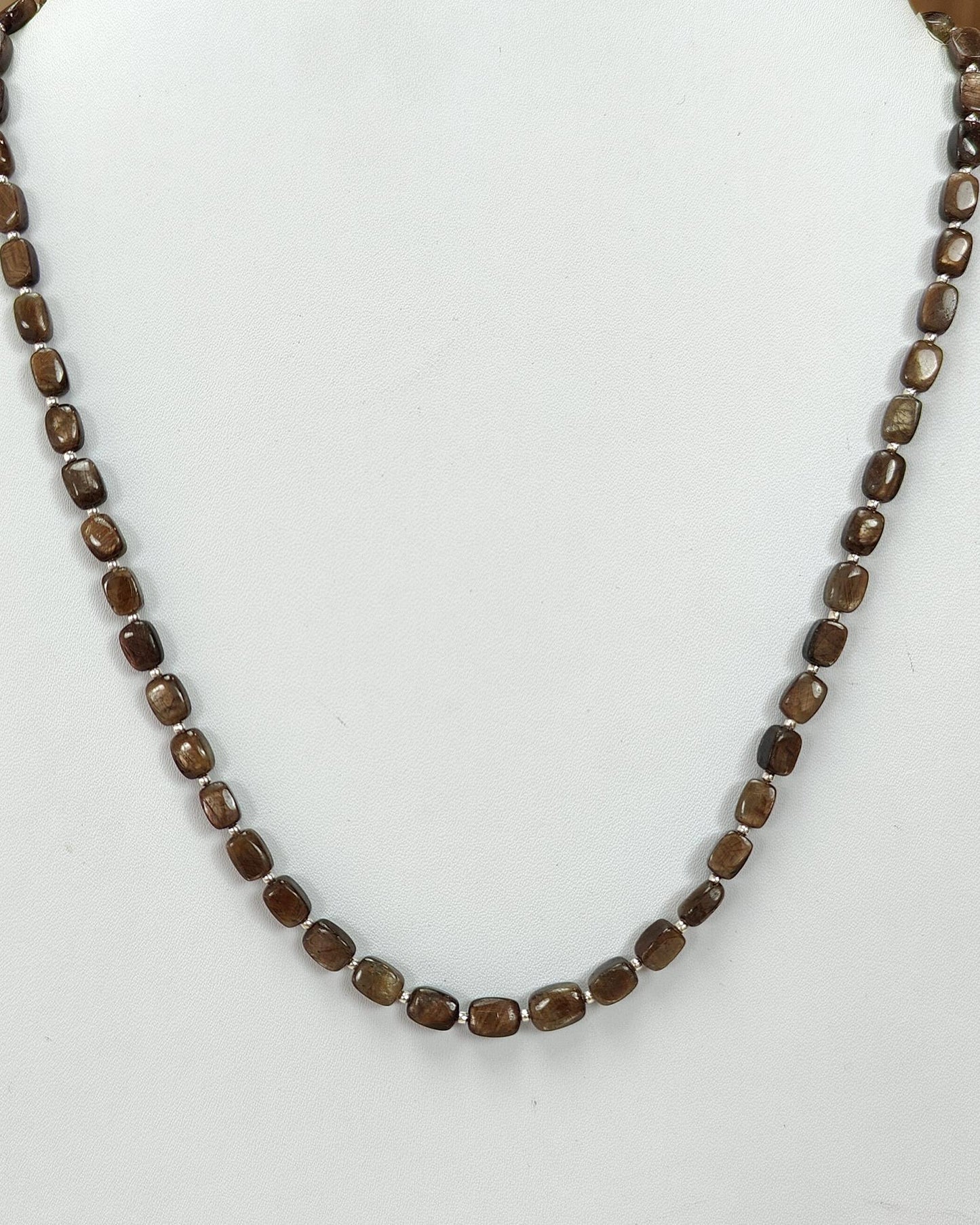 Golden Brown Sapphire Gemstone Beads Necklace : 21.71gms 925 Sterling Silver Natural Plain Cushion Sapphire 5.5*4mm - 7*6mm 19"