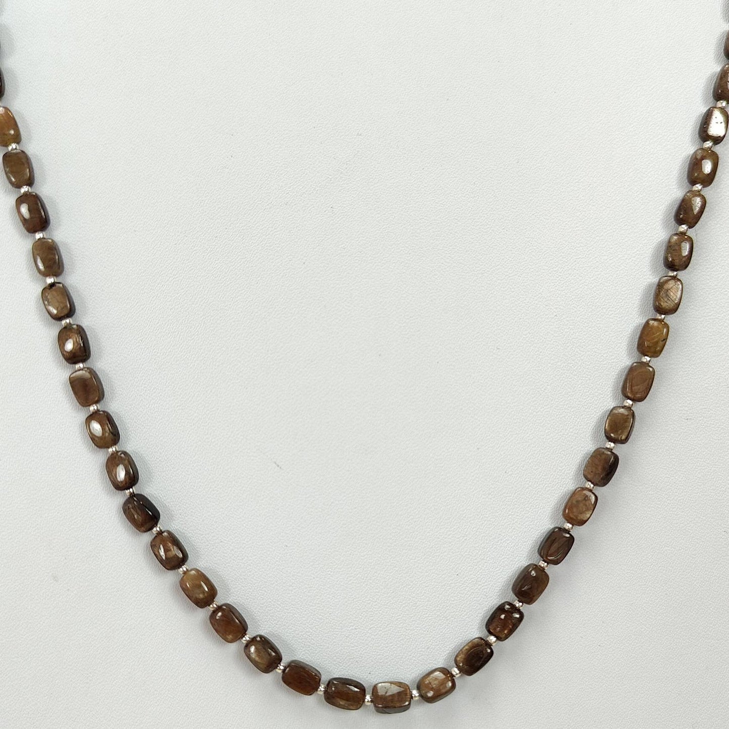 Golden Brown Sapphire Gemstone Beads Necklace : 21.71gms 925 Sterling Silver Natural Plain Cushion Sapphire 5.5*4mm - 7*6mm 19"