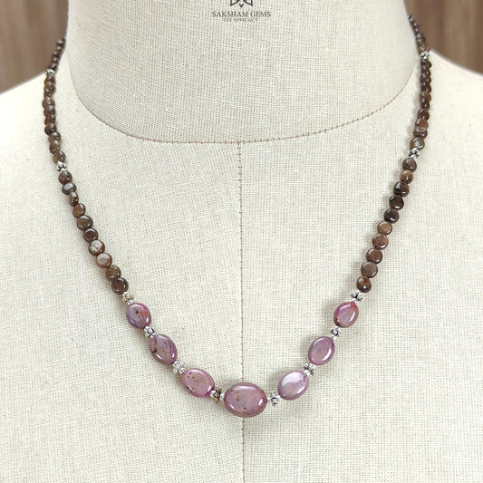 Golden Sapphire Gemstone Beads Necklace : 80.00cts Natural Untreated Star Ruby Plain Round Oval Shapes 925 Sterling Silver 4mm - 5mm 18"