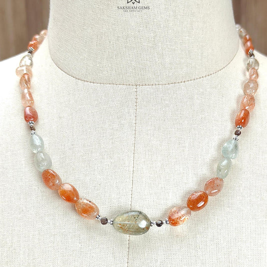 Oregon Sunstone Gemstone Beads Necklace : 155.20cts Natural Untreated Golden Brown sapphire Round Oval 925 Sterling Silver 19" Necklace