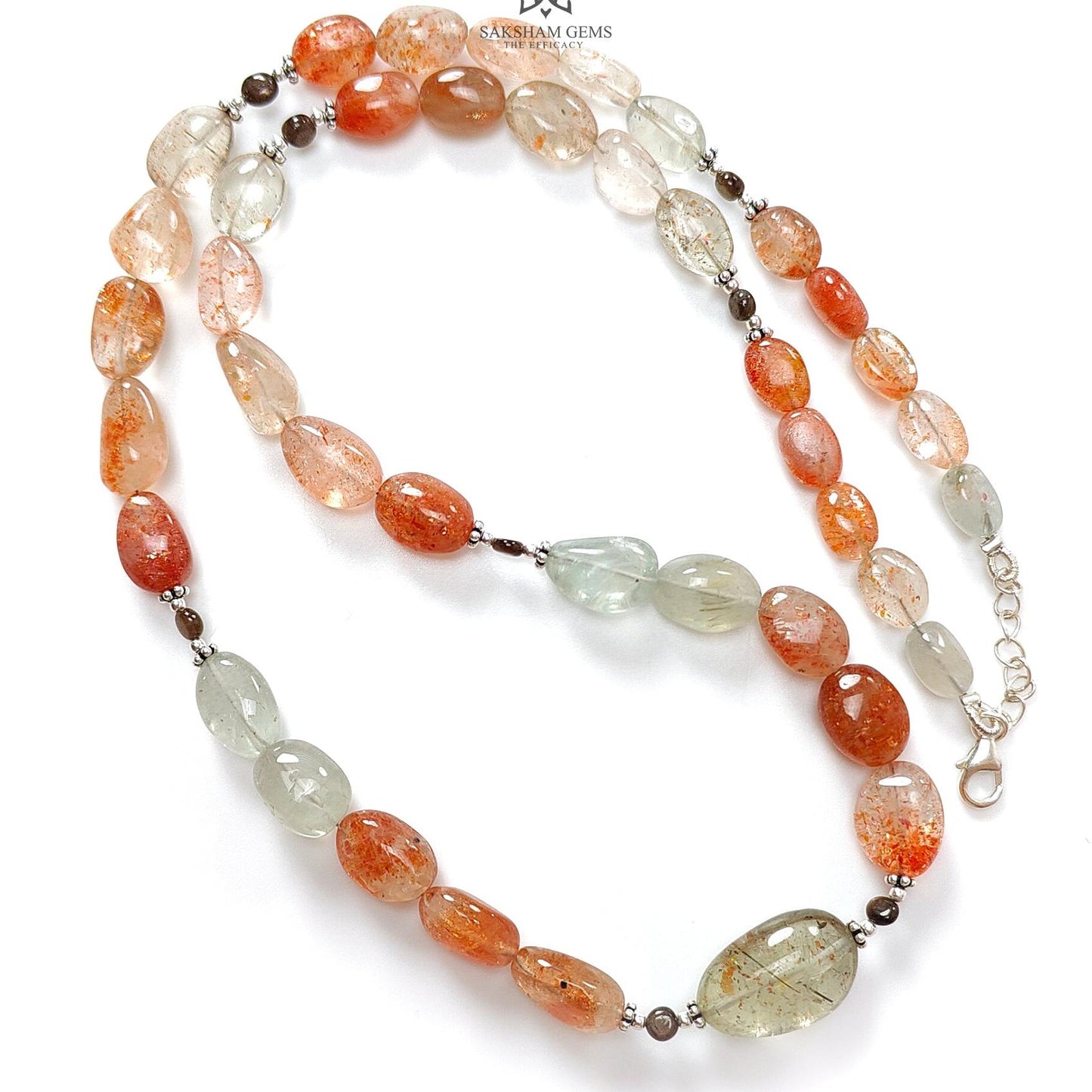 Oregon Sunstone Gemstone Beads Necklace : 155.20cts Natural Untreated Golden Brown sapphire Round Oval 925 Sterling Silver 19" Necklace