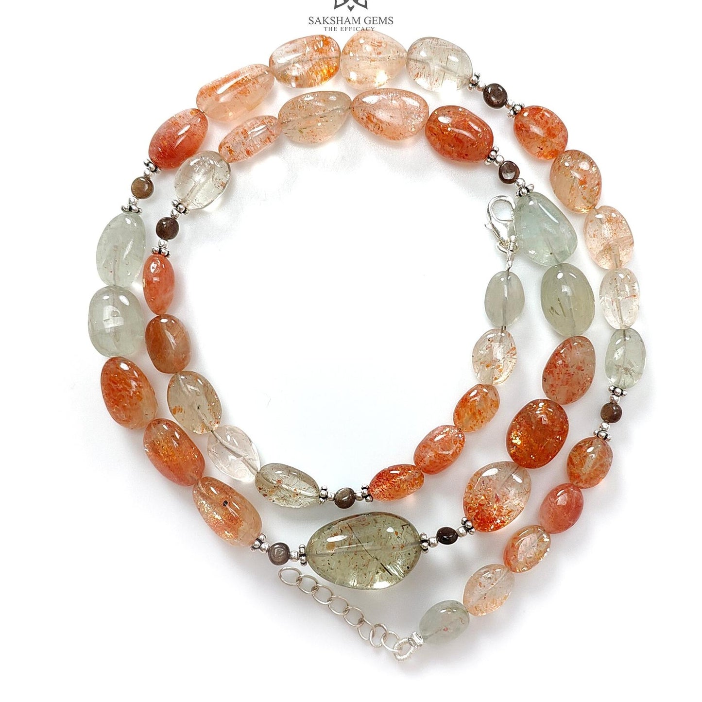 Oregon Sunstone Gemstone Beads Necklace : 155.20cts Natural Untreated Golden Brown sapphire Round Oval 925 Sterling Silver 19" Necklace