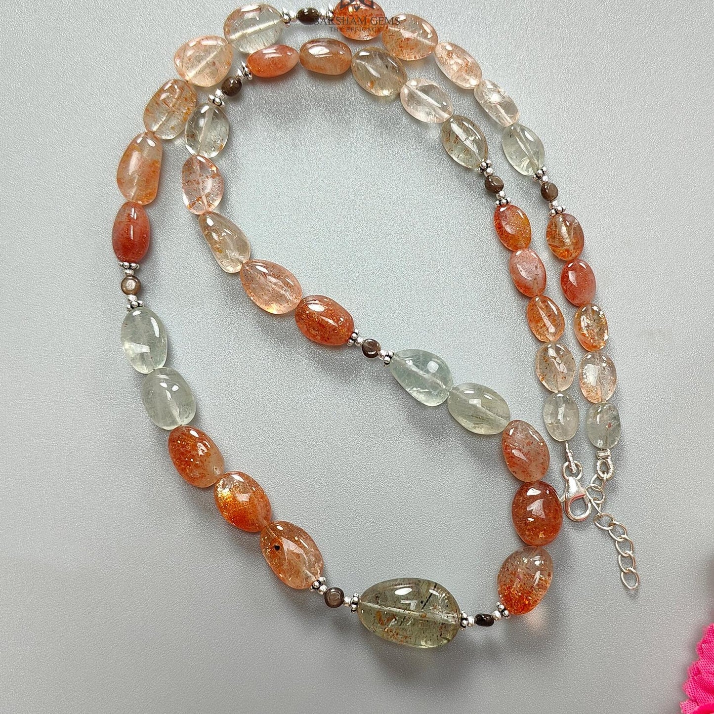 Oregon Sunstone Gemstone Beads Necklace : 155.20cts Natural Untreated Golden Brown sapphire Round Oval 925 Sterling Silver 19" Necklace