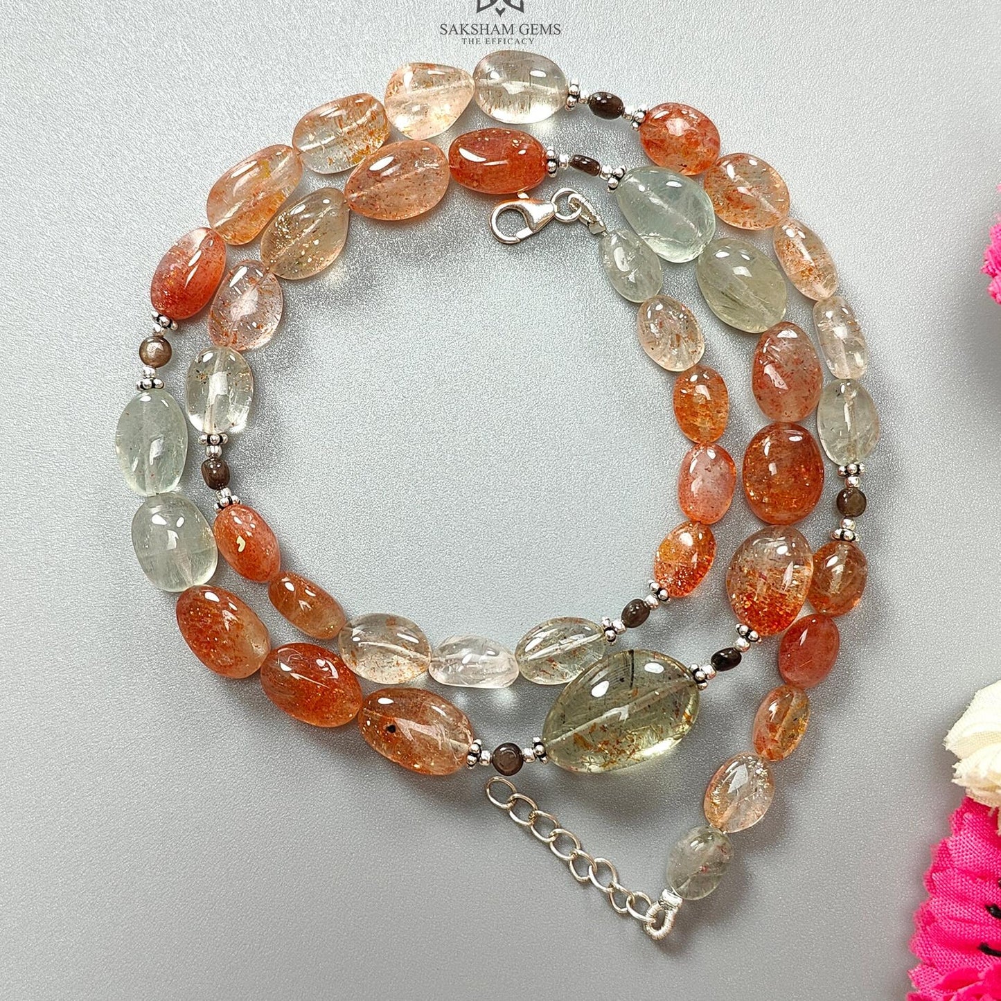 Oregon Sunstone Gemstone Beads Necklace : 155.20cts Natural Untreated Golden Brown sapphire Round Oval 925 Sterling Silver 19" Necklace