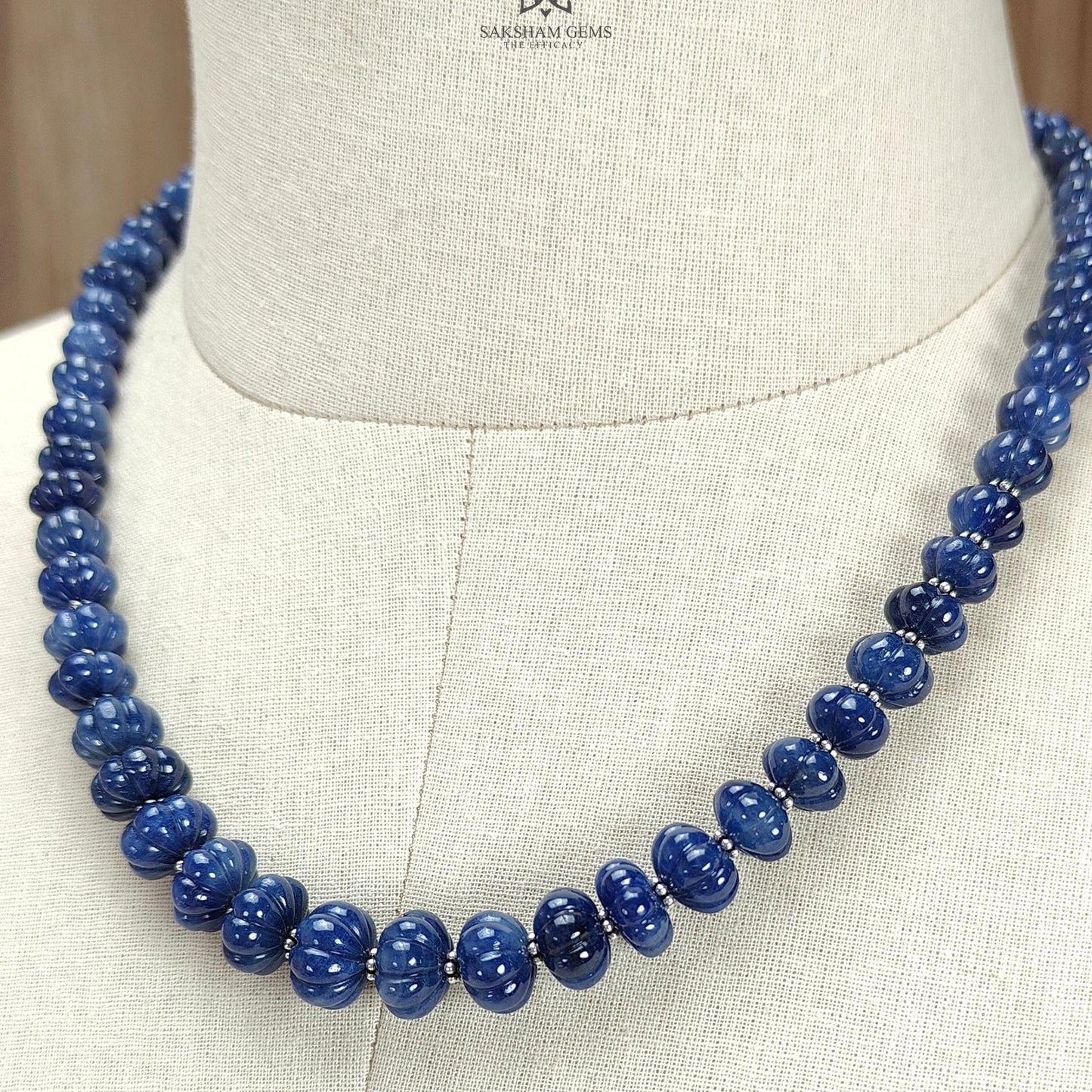 Blue Sapphire Melon Pumpkin Beads : 394.50cts 925 Sterling Silver Natural Sapphire Hand Carved Rondelle Melon Beads 7mm - 12mm 19"