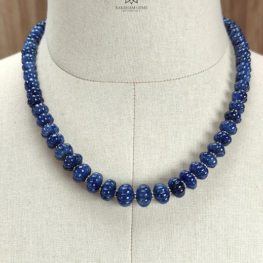 Blue Sapphire Melon Pumpkin Beads : 394.50cts 925 Sterling Silver Natural Sapphire Hand Carved Rondelle Melon Beads 7mm - 12mm 19"