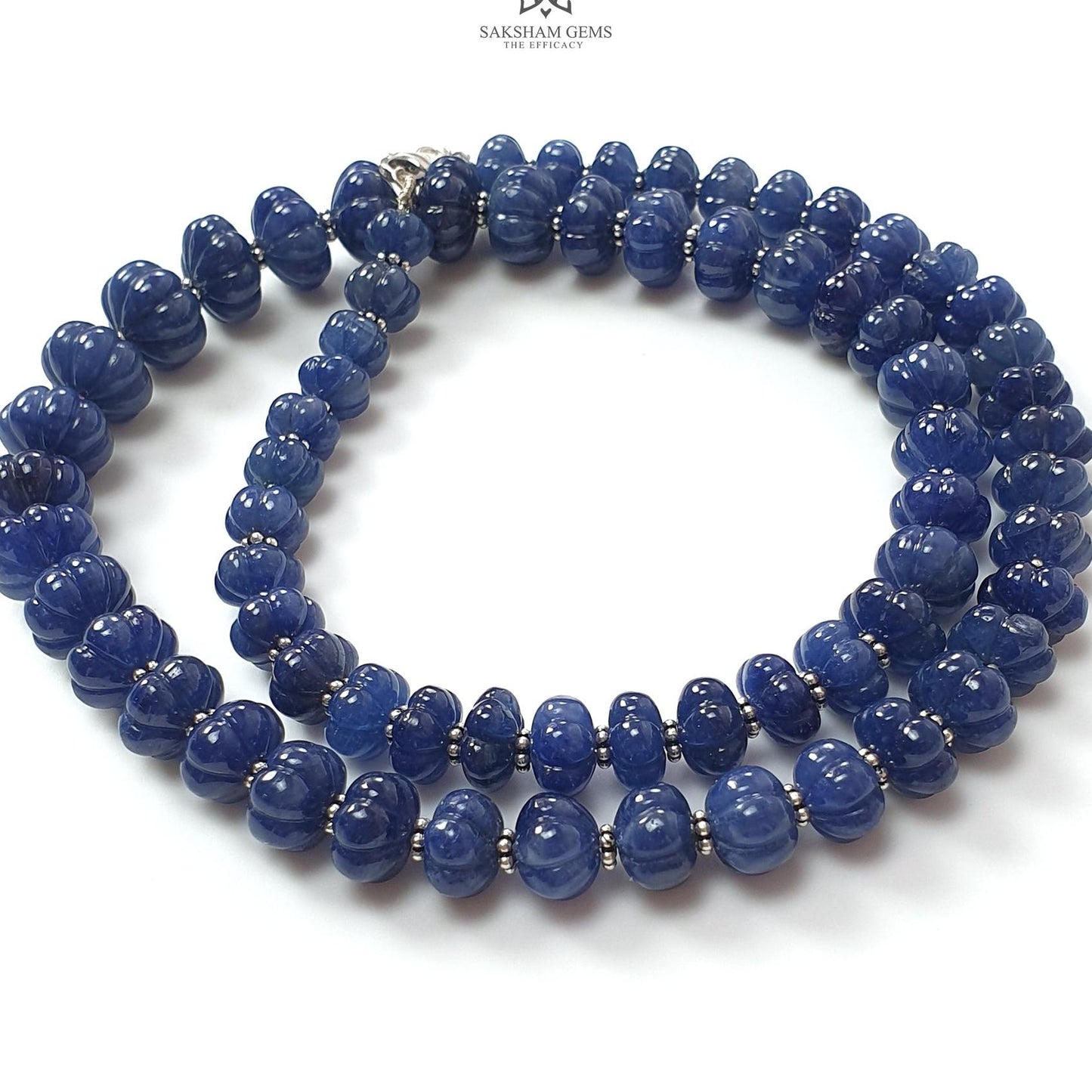 Blue Sapphire Melon Pumpkin Beads : 394.50cts 925 Sterling Silver Natural Sapphire Hand Carved Rondelle Melon Beads 7mm - 12mm 19"