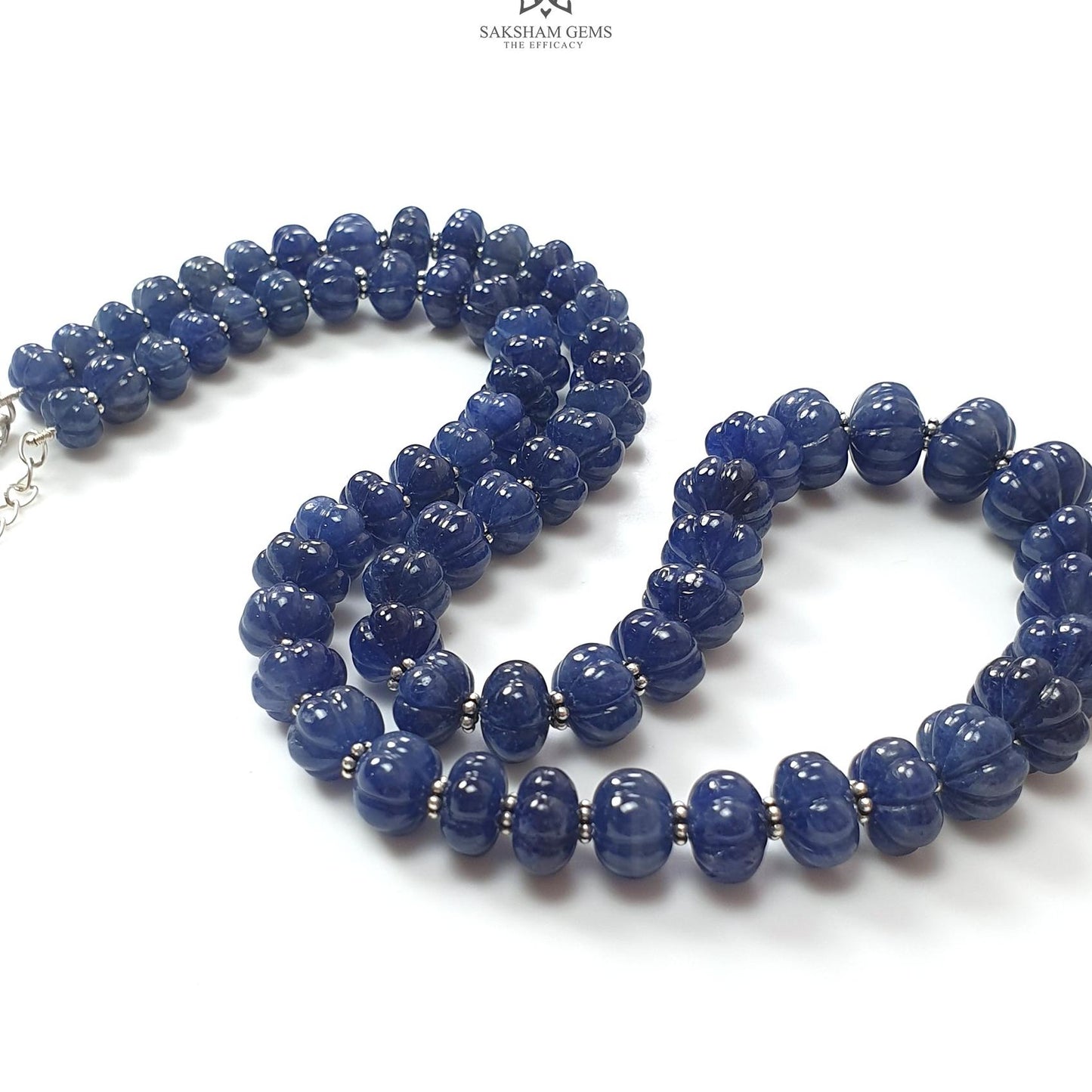 Blue Sapphire Melon Pumpkin Beads : 394.50cts 925 Sterling Silver Natural Sapphire Hand Carved Rondelle Melon Beads 7mm - 12mm 19"