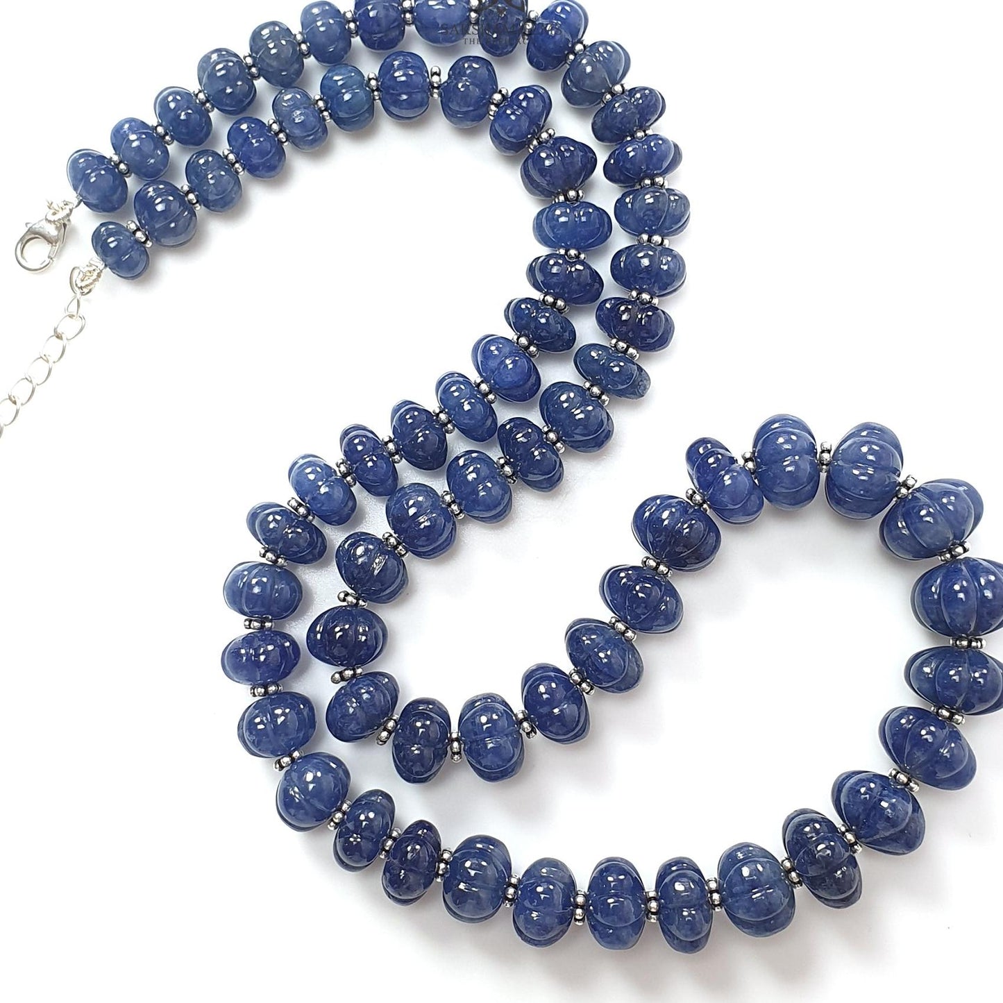 Blue Sapphire Melon Pumpkin Beads : 394.50cts 925 Sterling Silver Natural Sapphire Hand Carved Rondelle Melon Beads 7mm - 12mm 19"