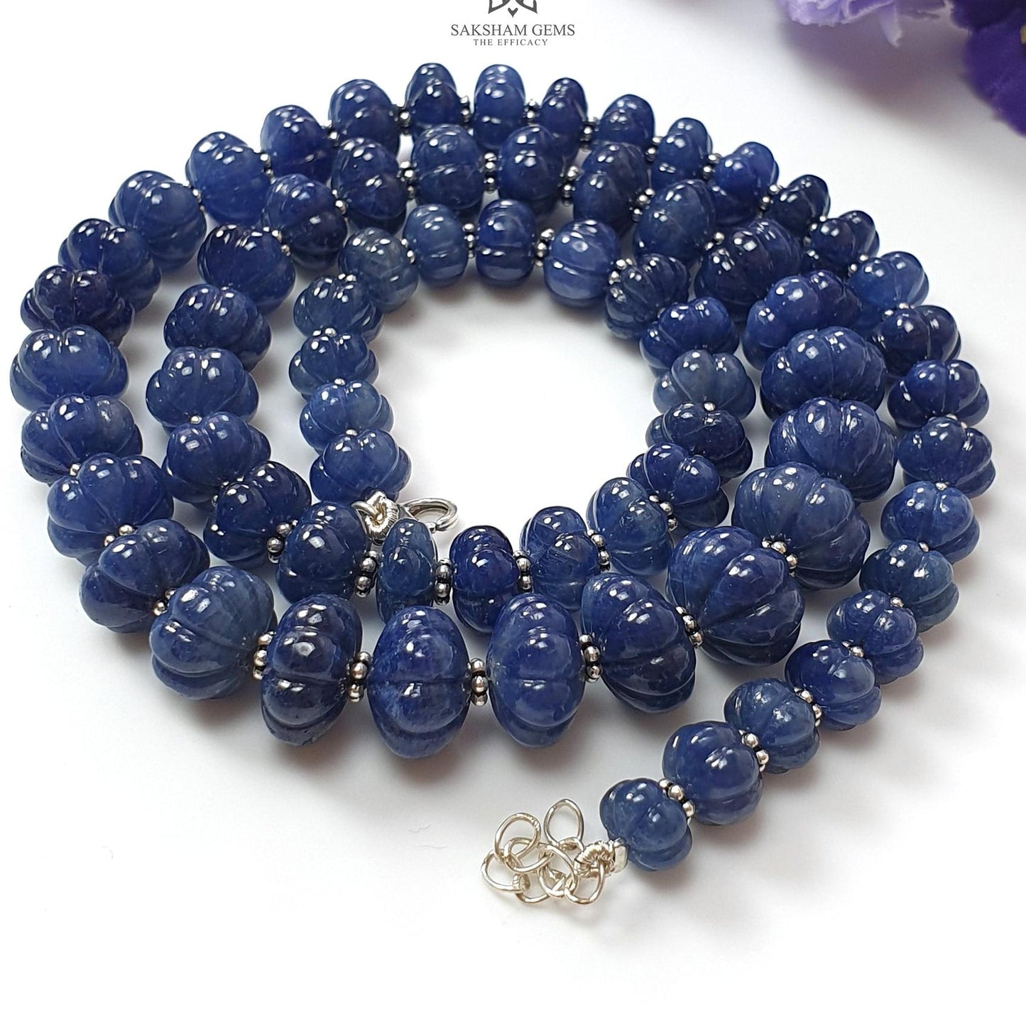 Blue Sapphire Melon Pumpkin Beads : 394.50cts 925 Sterling Silver Natural Sapphire Hand Carved Rondelle Melon Beads 7mm - 12mm 19"