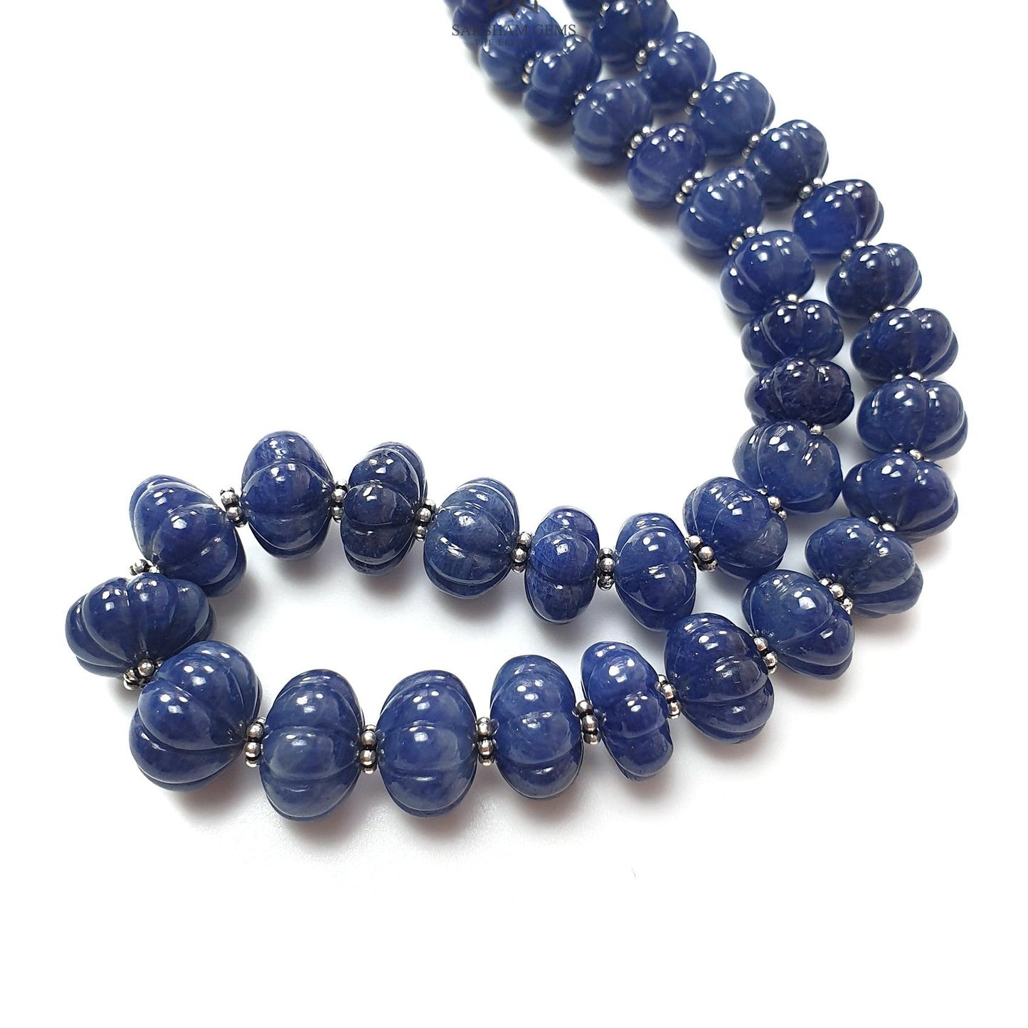 Blue Sapphire Melon Pumpkin Beads : 394.50cts 925 Sterling Silver Natural Sapphire Hand Carved Rondelle Melon Beads 7mm - 12mm 19"