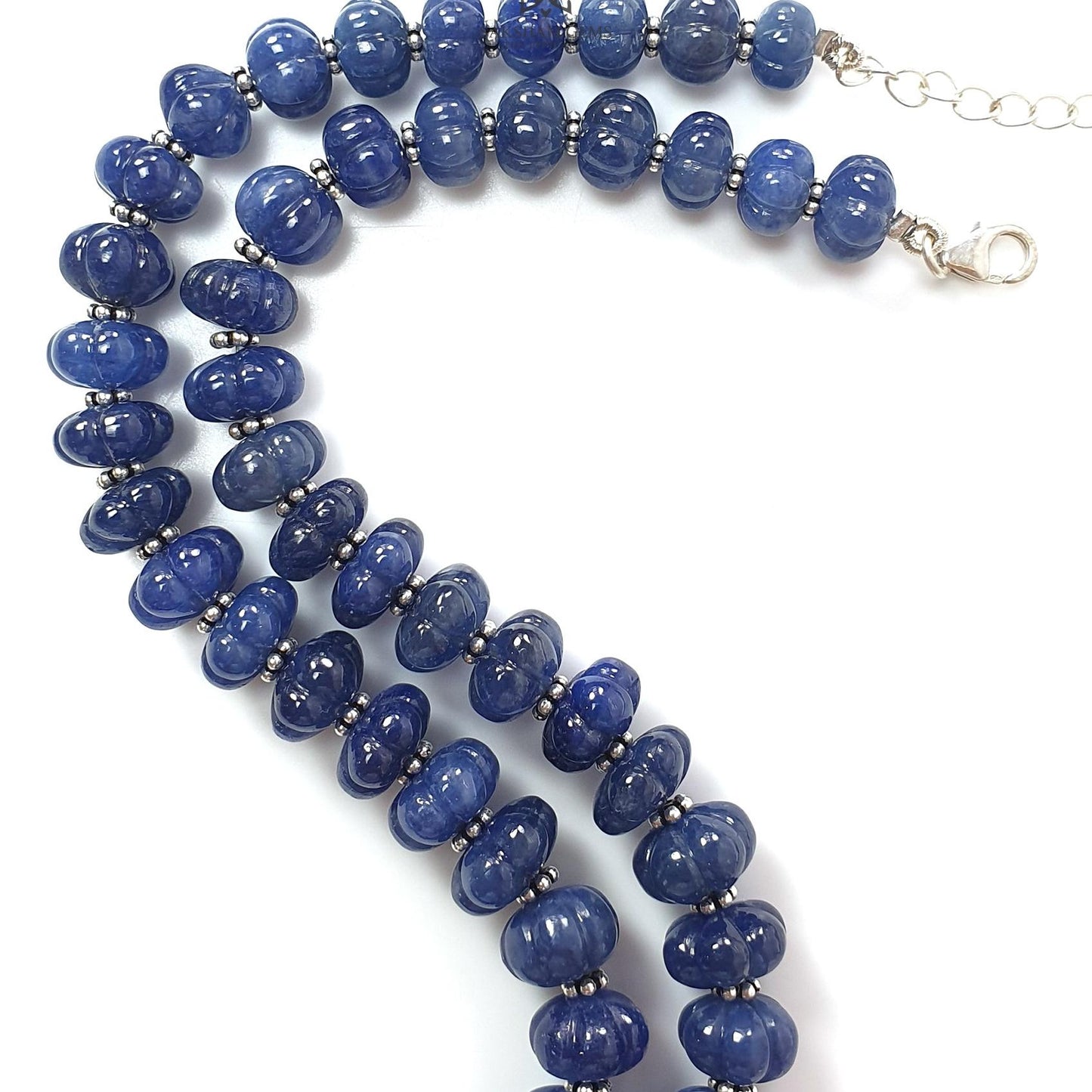 Blue Sapphire Melon Pumpkin Beads : 394.50cts 925 Sterling Silver Natural Sapphire Hand Carved Rondelle Melon Beads 7mm - 12mm 19"