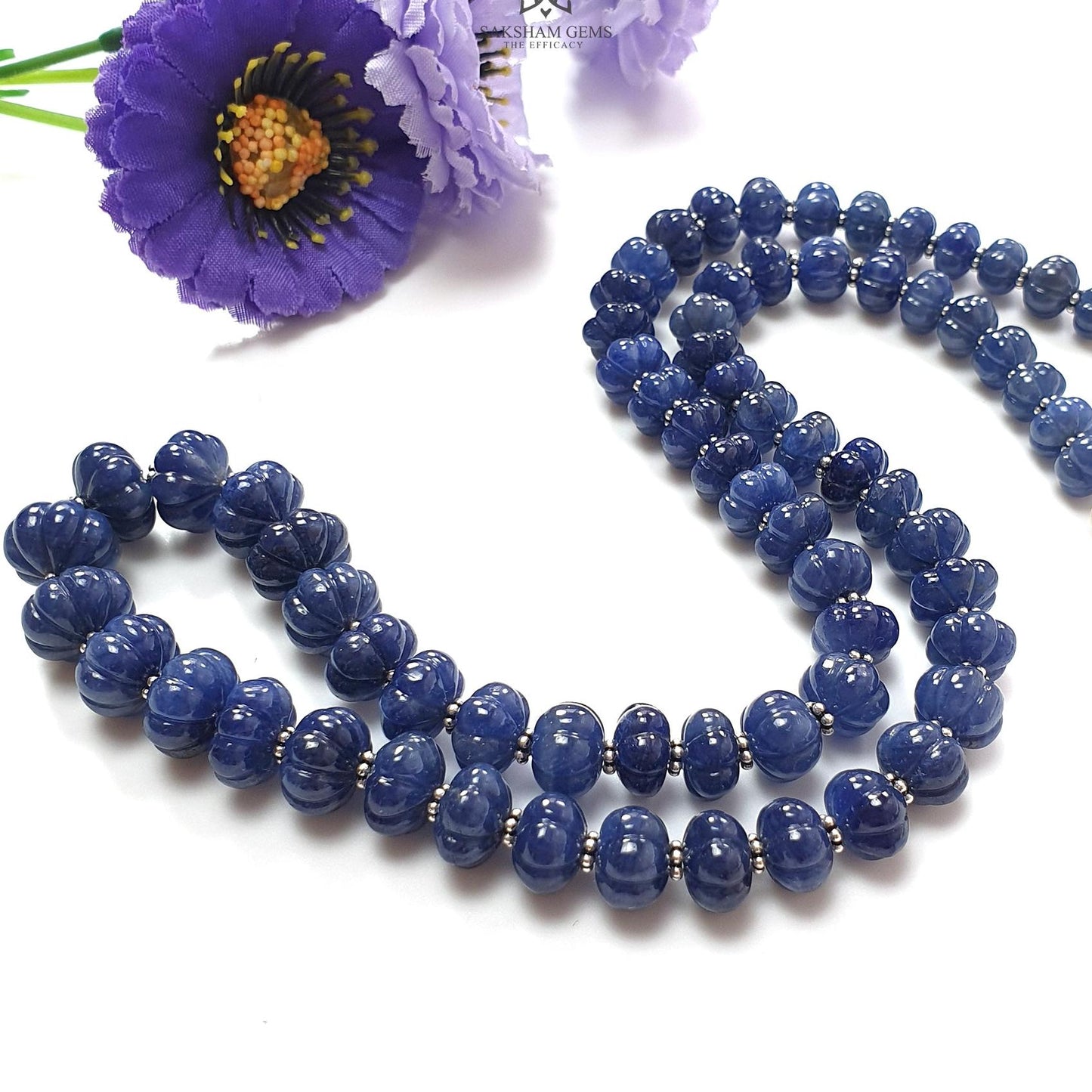 Blue Sapphire Melon Pumpkin Beads : 394.50cts 925 Sterling Silver Natural Sapphire Hand Carved Rondelle Melon Beads 7mm - 12mm 19"