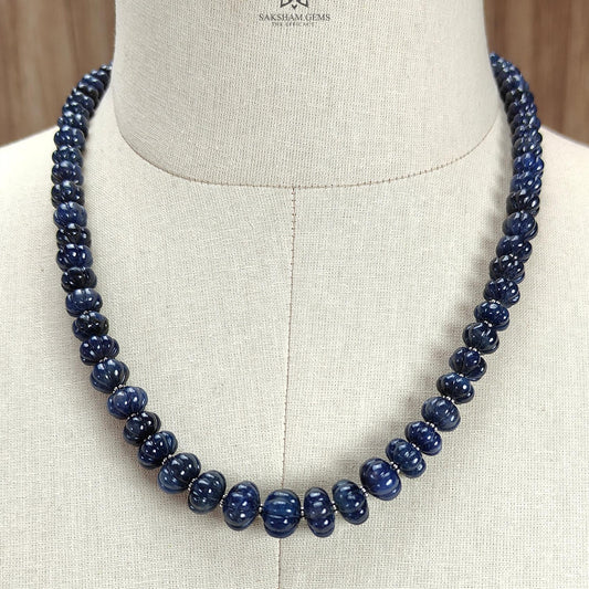 Blue Sapphire Melon Pumpkin Beads : 431.80cts 925 Sterling Silver Natural Sapphire Hand Carved Rondelle Melon Beads 7mm - 12mm 20"