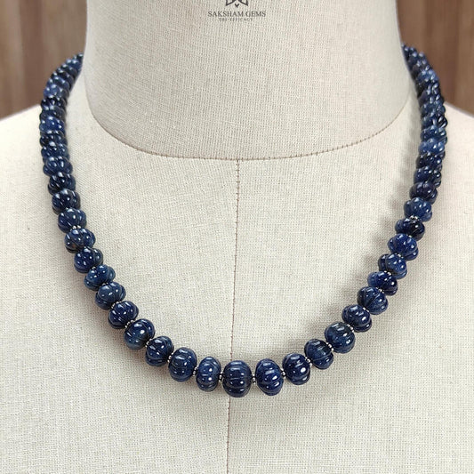 Blue Sapphire Melon Pumpkin Beads : 394.80cts 925 Sterling Silver Natural Sapphire Hand Carved Rondelle Melon Beads 8mm - 11mm 19.5"