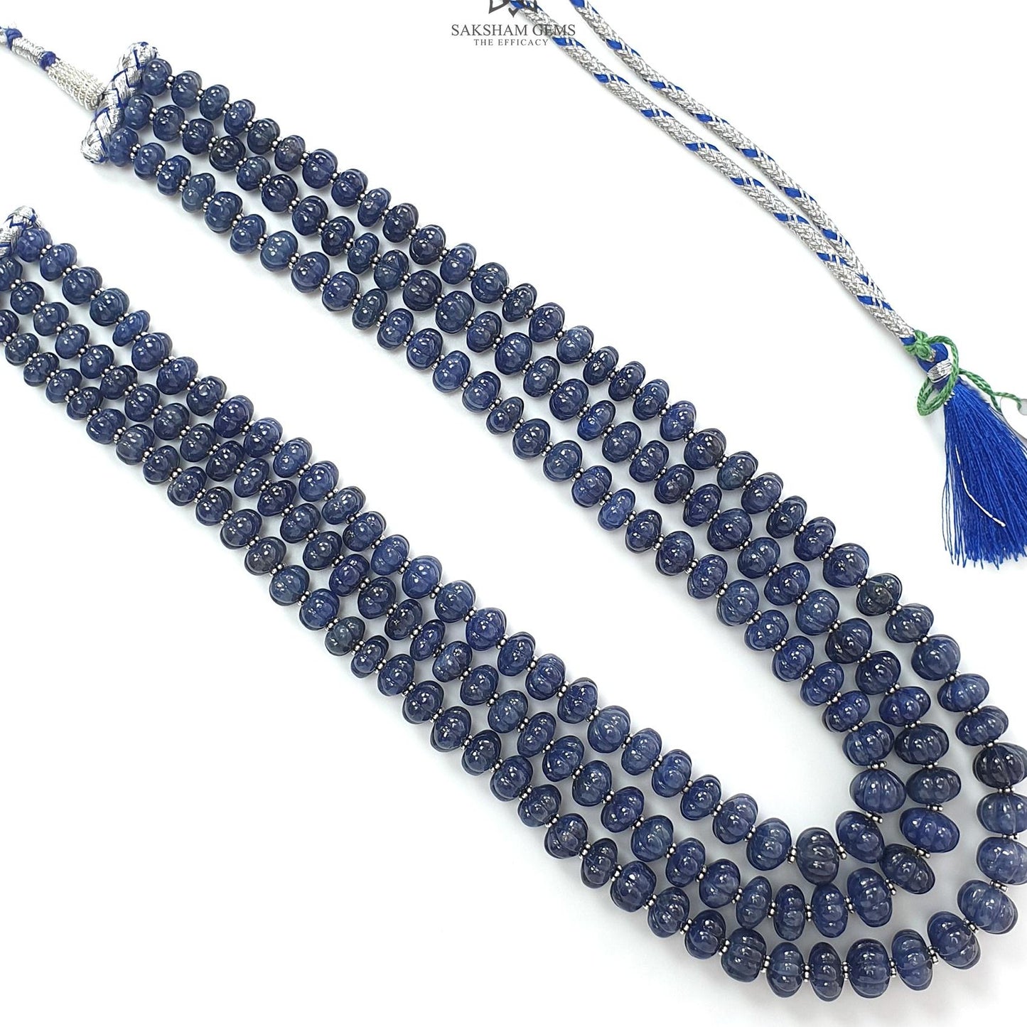 Blue Sapphire Melon Pumpkin Beads Necklace : 1209.40cts 925 Sterling Silver Natural Sapphire Hand Carved Melon Beads 7mm - 12mm 16"- 20"