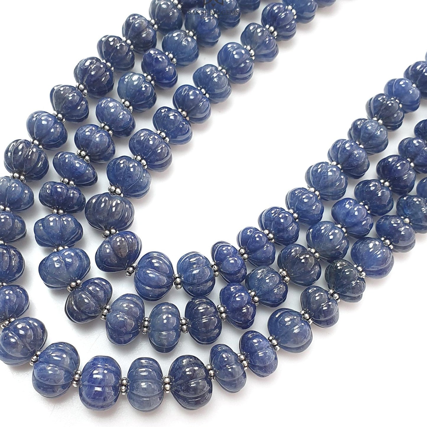 Blue Sapphire Melon Pumpkin Beads Necklace : 1209.40cts 925 Sterling Silver Natural Sapphire Hand Carved Melon Beads 7mm - 12mm 16"- 20"