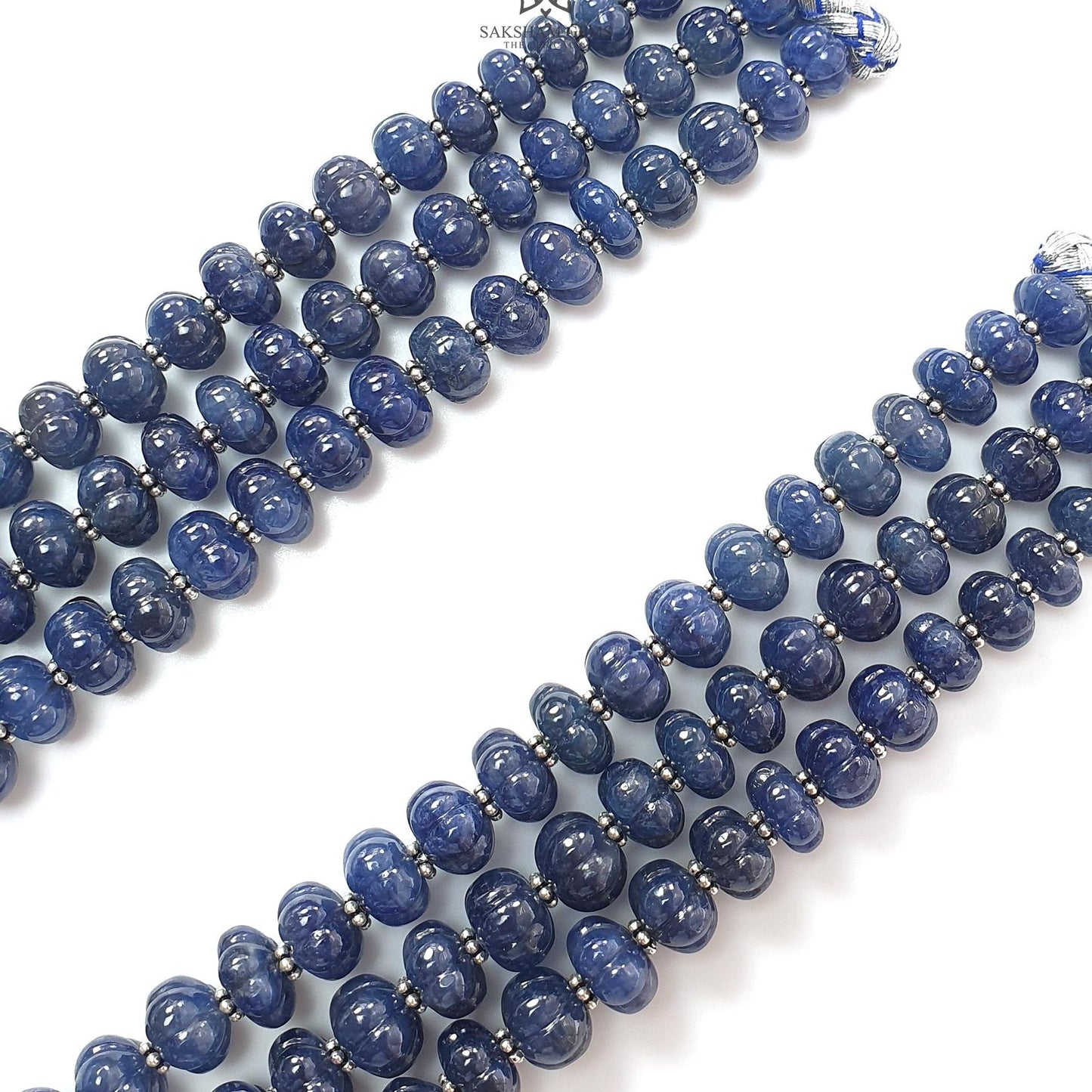 Blue Sapphire Melon Pumpkin Beads Necklace : 1209.40cts 925 Sterling Silver Natural Sapphire Hand Carved Melon Beads 7mm - 12mm 16"- 20"